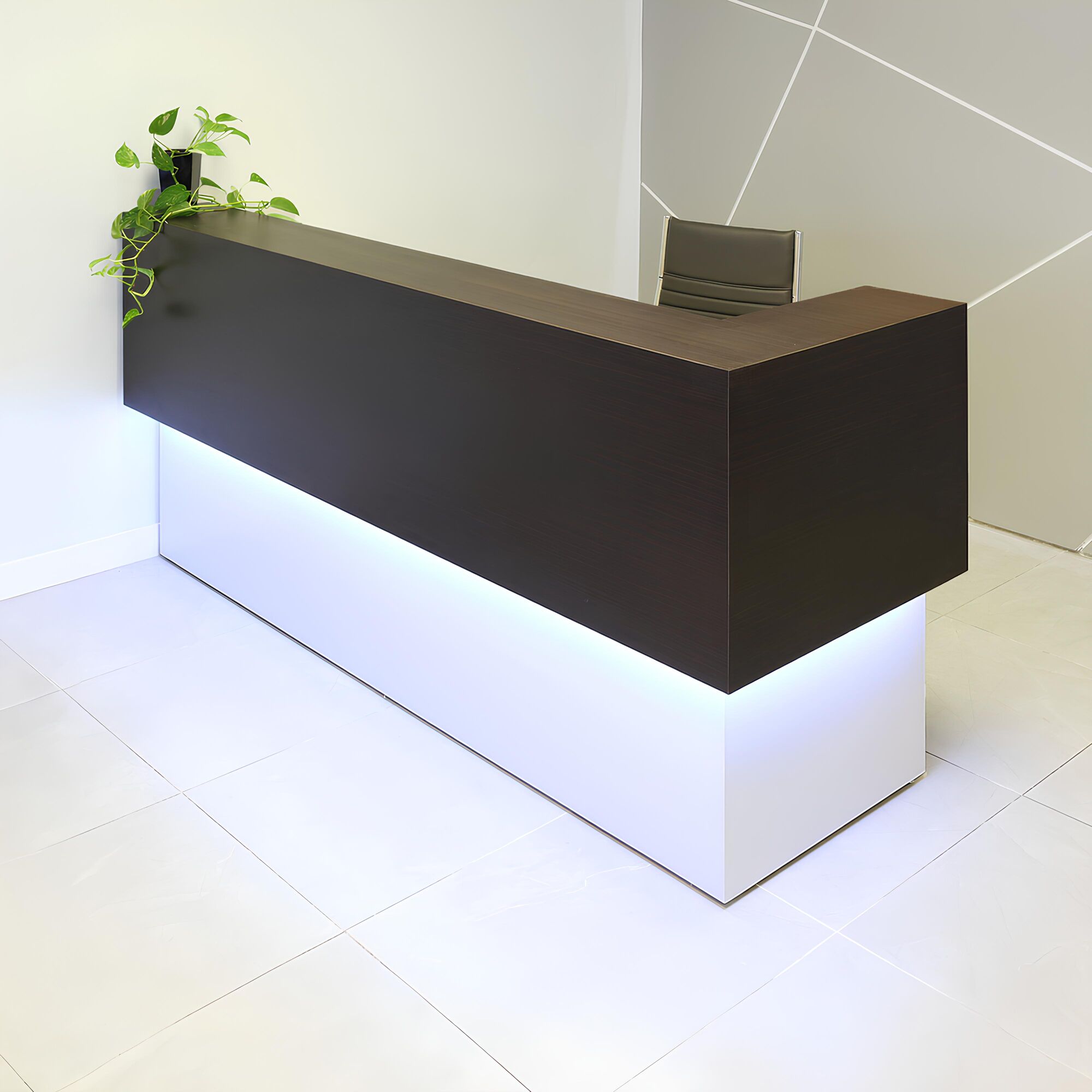 90-inch San Francisco L-Shape Reception Desk, right l-panel side when facing front in ebony recon matte laminate counter and white matte laminate desk, with color LED, shown here.