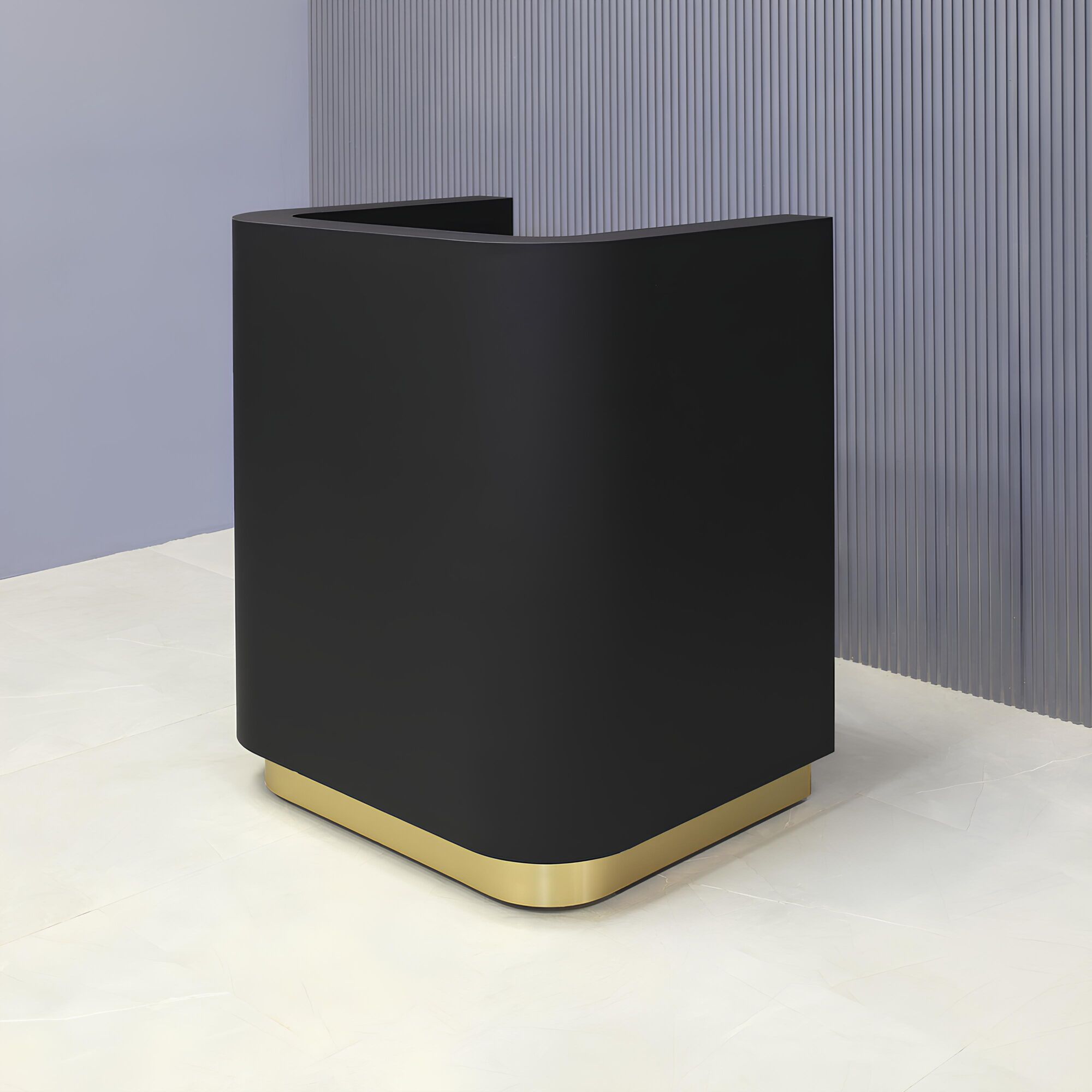 36-inch Nola Podium & Host in black traceless laminate main desk and brushed gold toe-kick.
