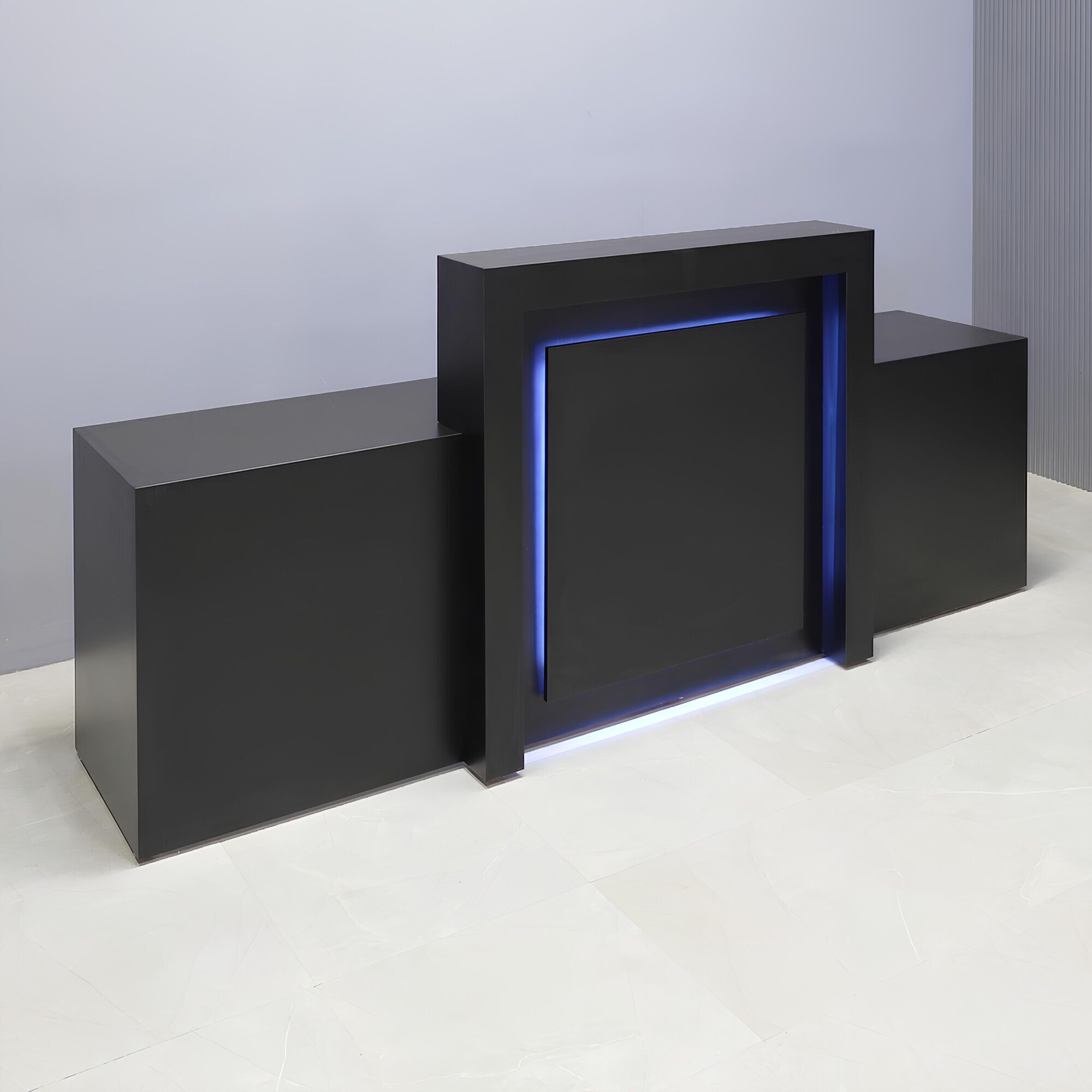 108-inch New York Extra Wide in black matte laminate main desk, front panel & recessed accent, and color changing LED.