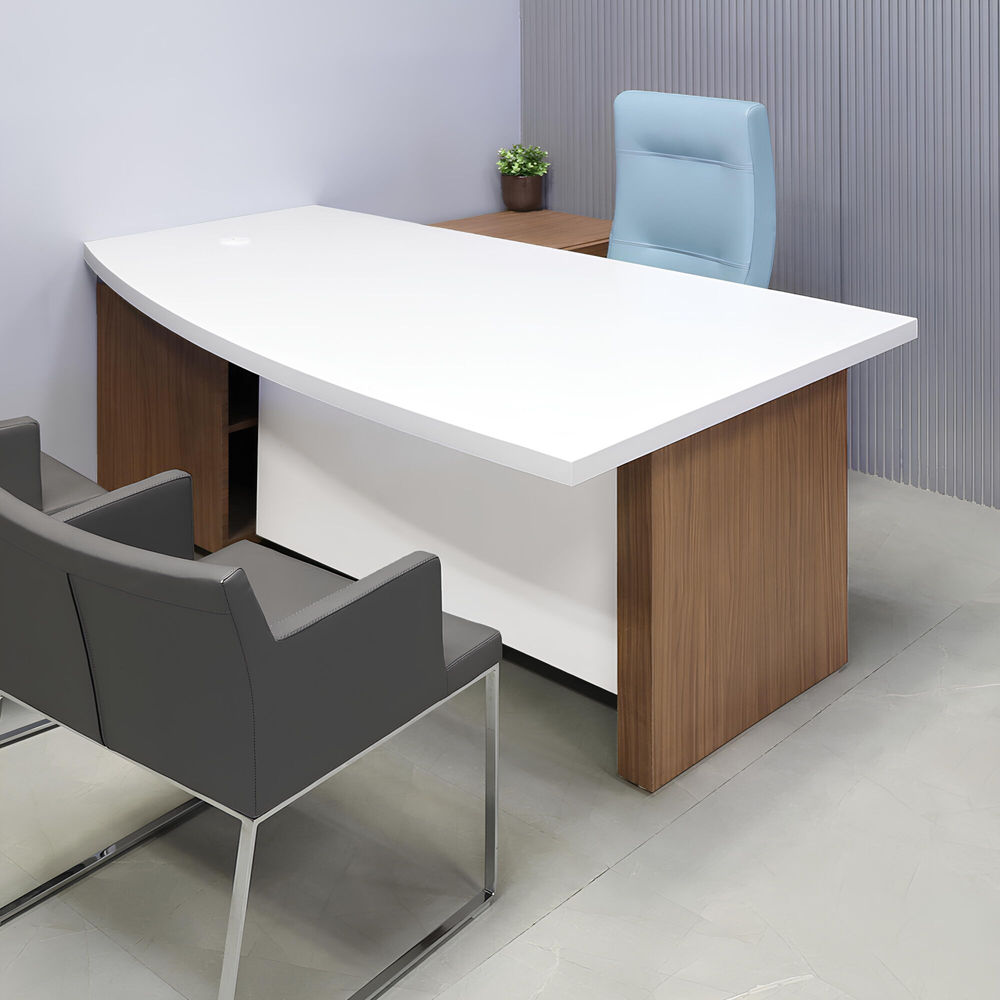 72-inch Avenue Curved Executive Desk w/ Credenza in black stone PVC top and white gloss laminate base, credenza and privacy panel, shown here.
