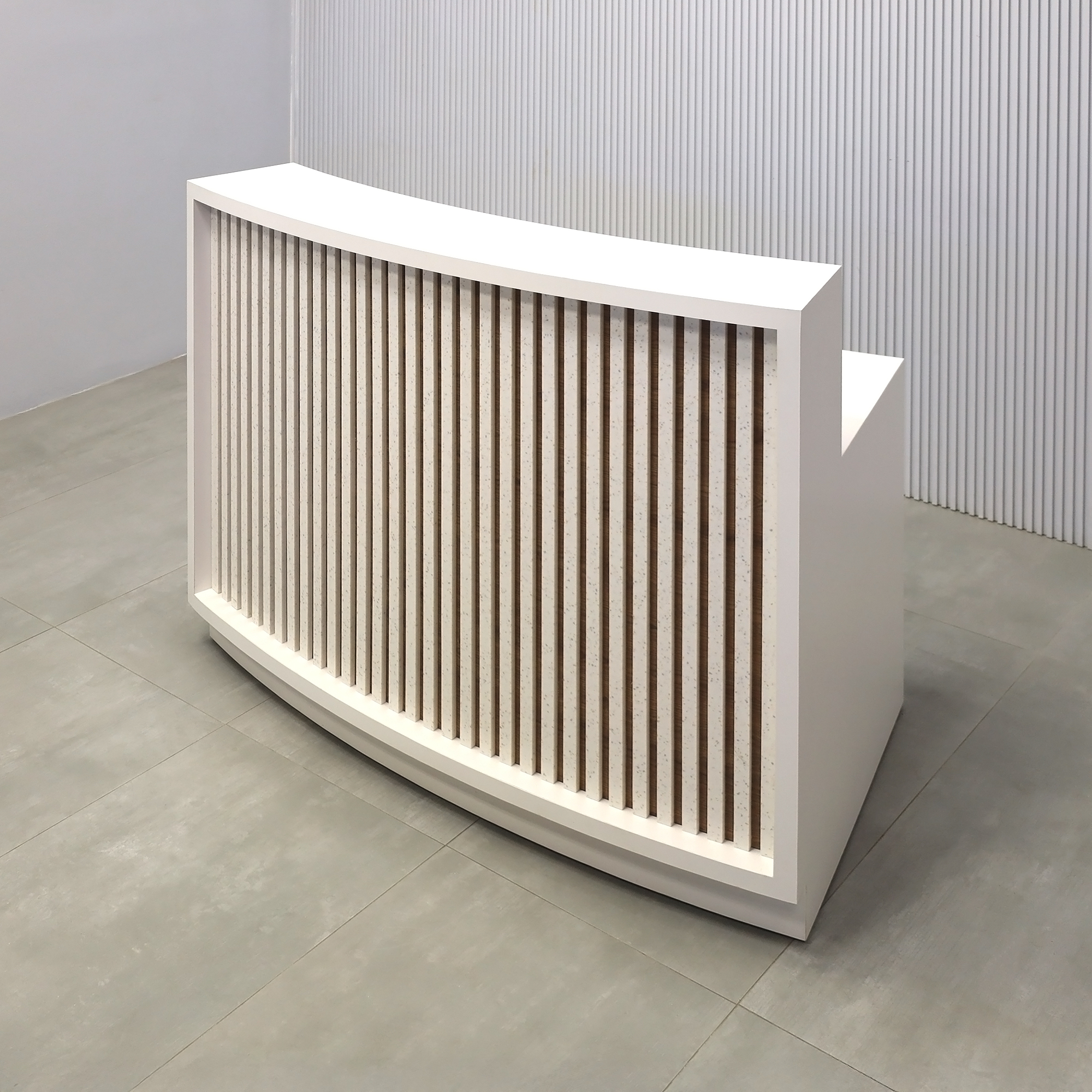 60-inch Seattle X2 Reception Desk with 413 Tumbled Glass engineered surface (Special Color) slats. Dover Off-White matte laminate counter & workspace. Spiced Chestnut matte laminate background and White LED with remote control.