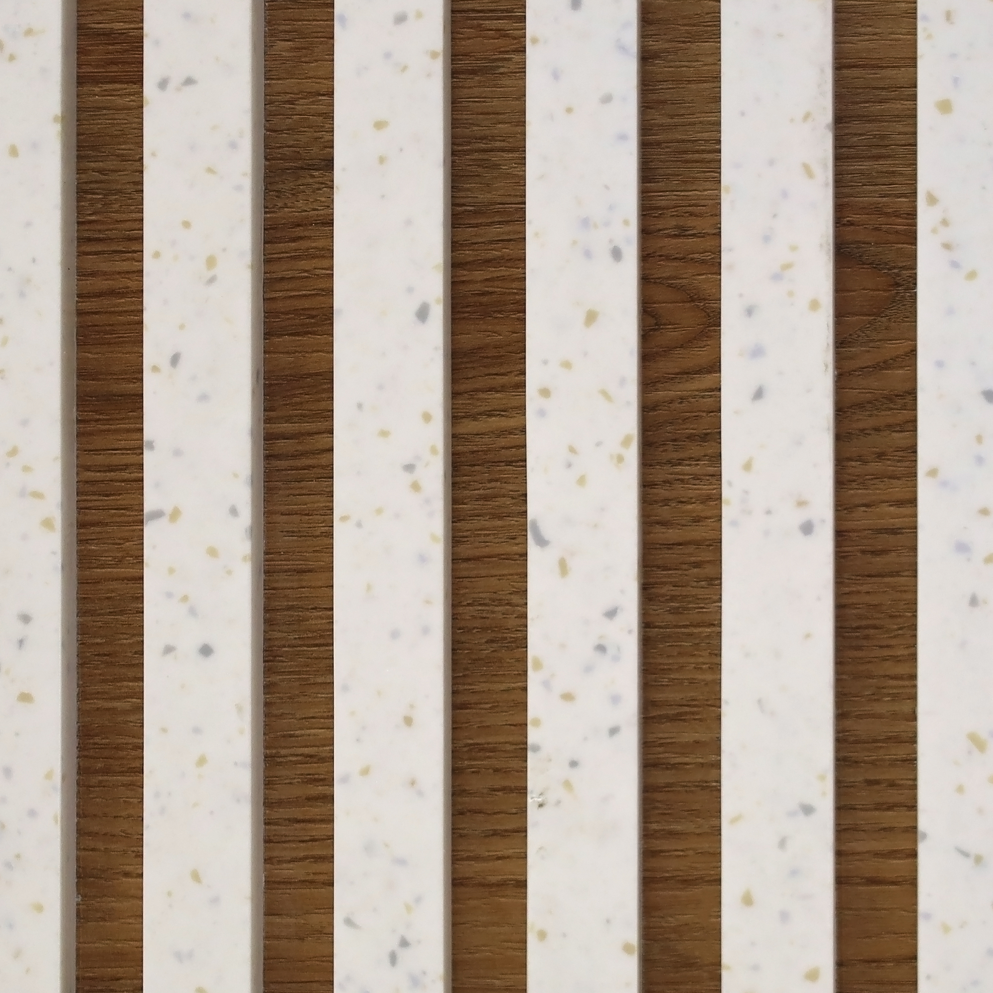 60-inch Seattle X2 Reception Desk with 413 Tumbled Glass engineered surface (Special Color) slats. Dover Off-White matte laminate counter & workspace. Spiced Chestnut matte laminate background and White LED with remote control.