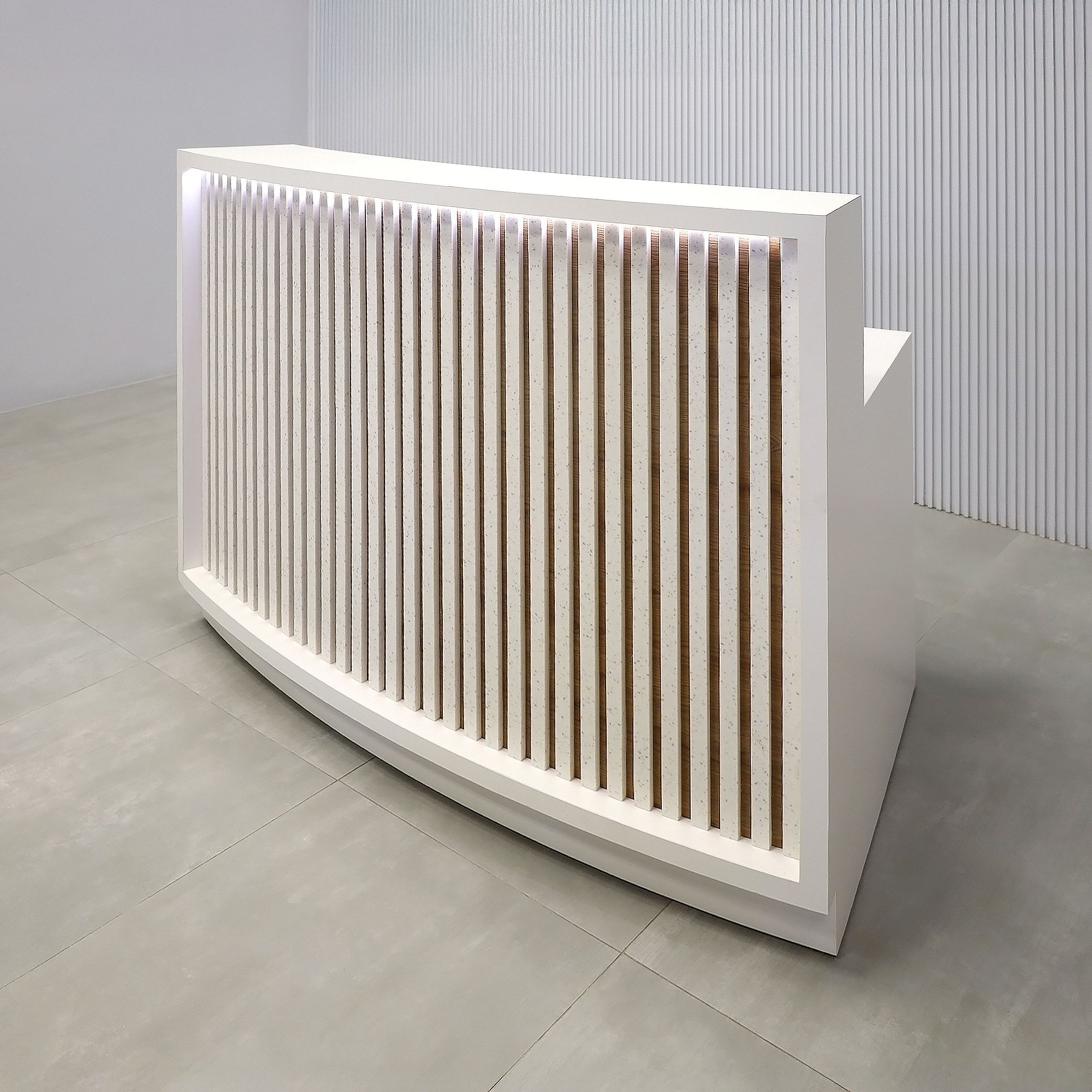 60-inch Seattle X2 Reception Desk with 413 Tumbled Glass engineered surface (Special Color) slats. Dover Off-White matte laminate counter & workspace. Spiced Chestnut matte laminate background and White LED with remote control.