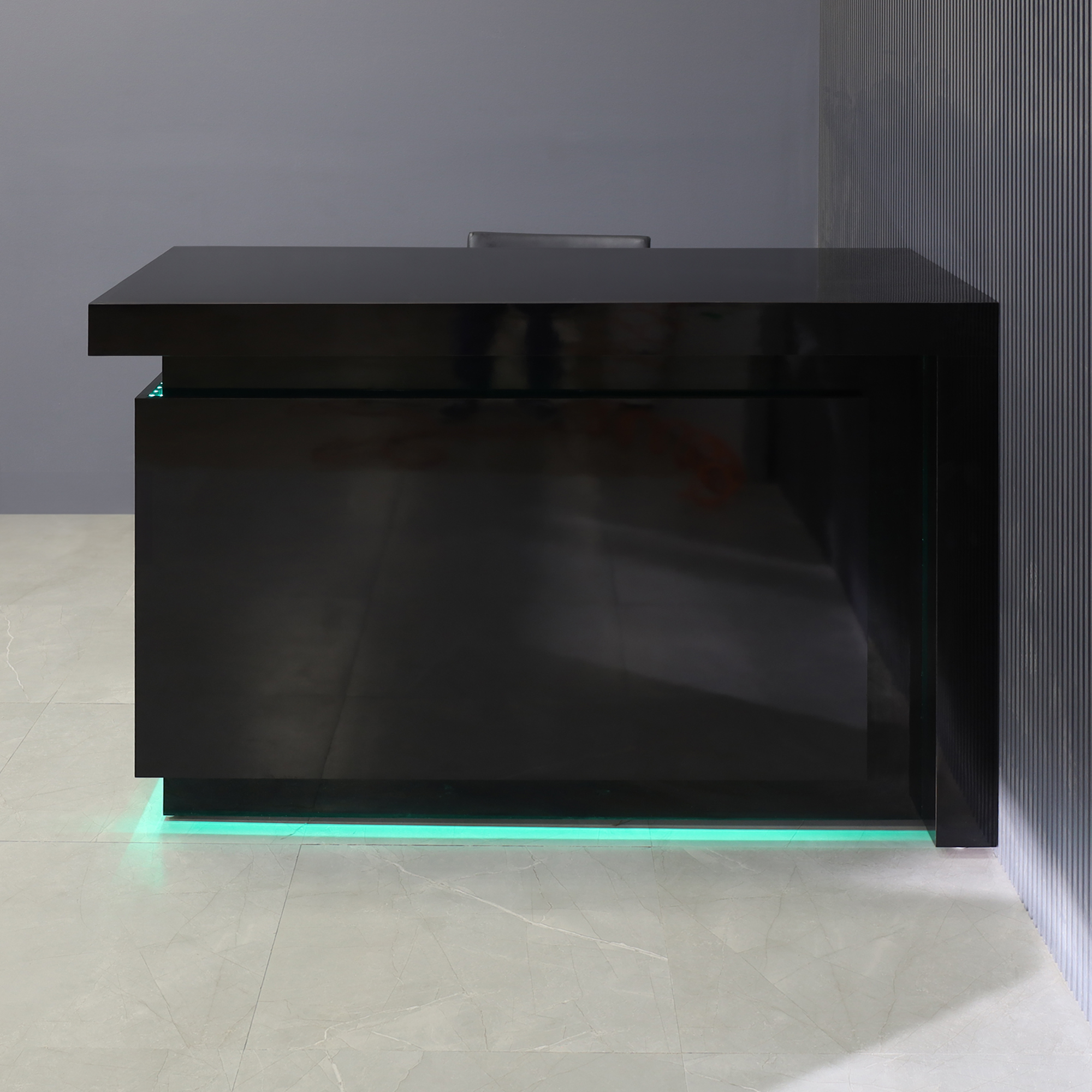60-inch New York L-Shape Retail Custom Reception Desk in black gloss laminate desk, with color LED, shown here.