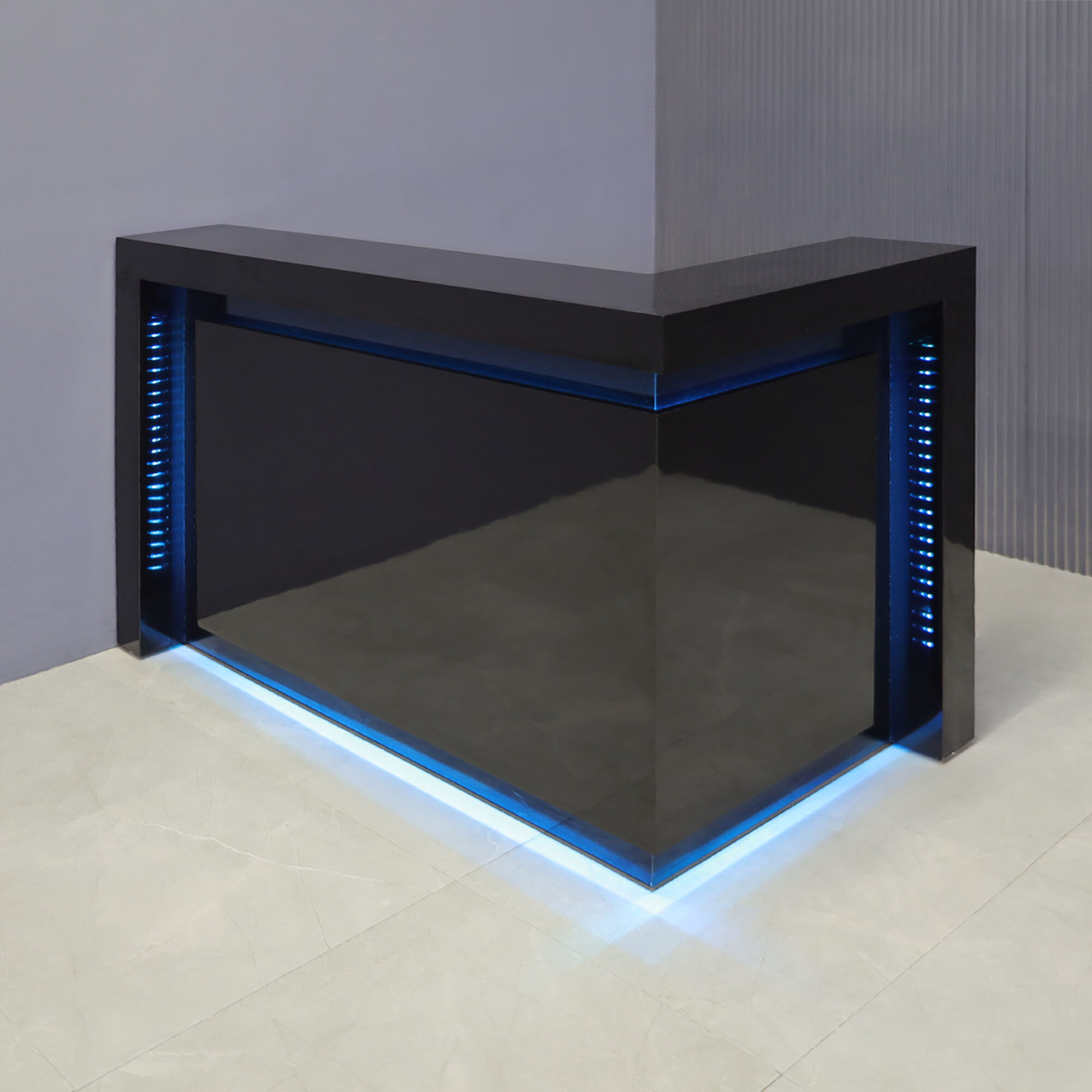 60-inch New York L-Shape Reception Desk in black gloss laminate main desk, front panel and accent recess, on the right side when facing front, and color changing LED.