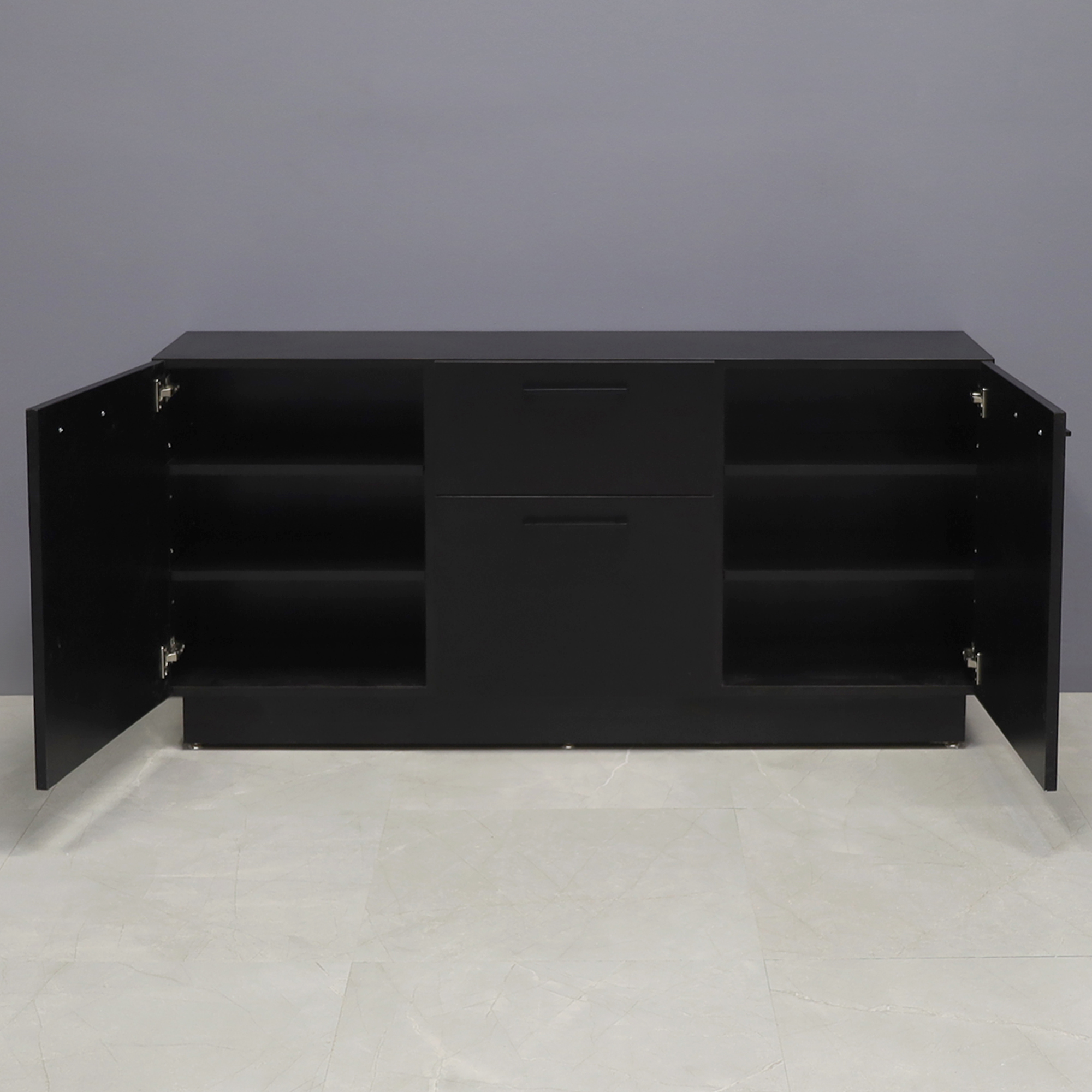60-inch Manhattan Storage Credenza in black matte laminate credenza, front drawers & doors, and toe-kick, shown here. 