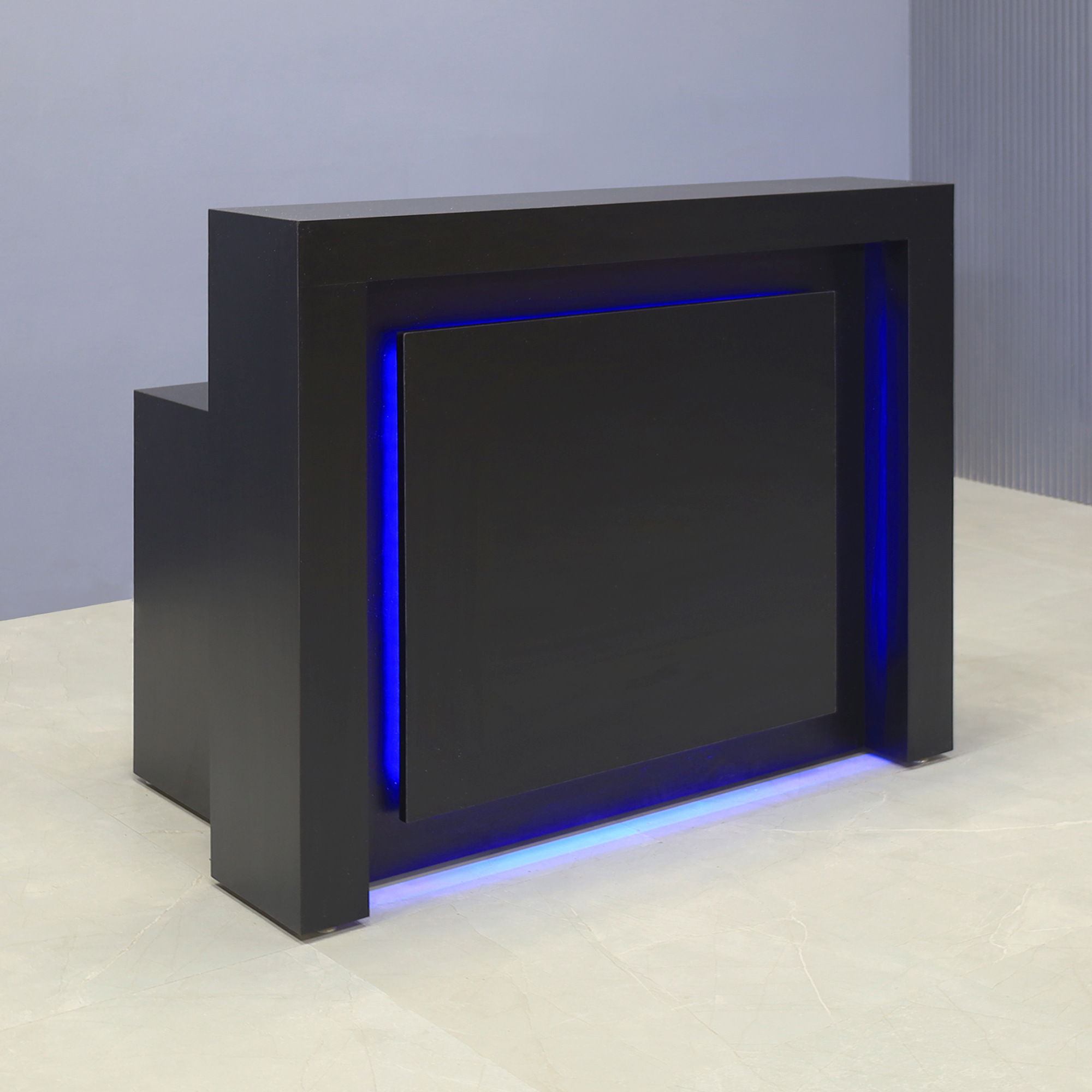 60-inch New York Straight Reception Desk in black matte laminate main desk and accent recess front panel, with colored LED, shown here.