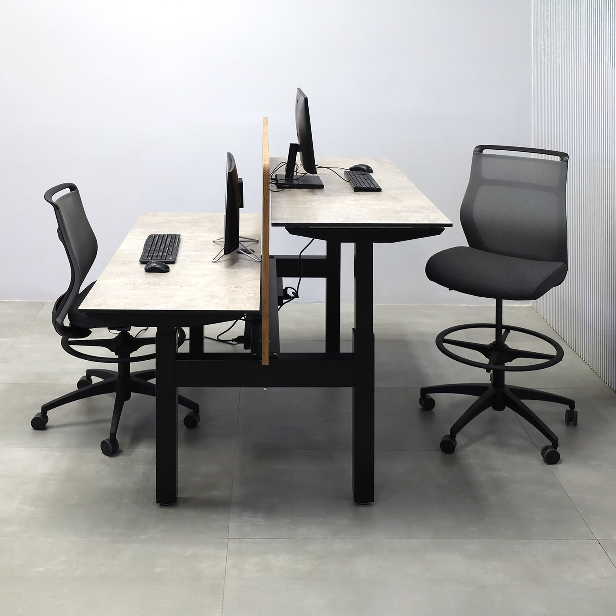 60-inch Knoxville Workstation with Industrial Concrete engineered surface top, Special Chestnut laminate privacy panel, and Black Powder-Coated frame.