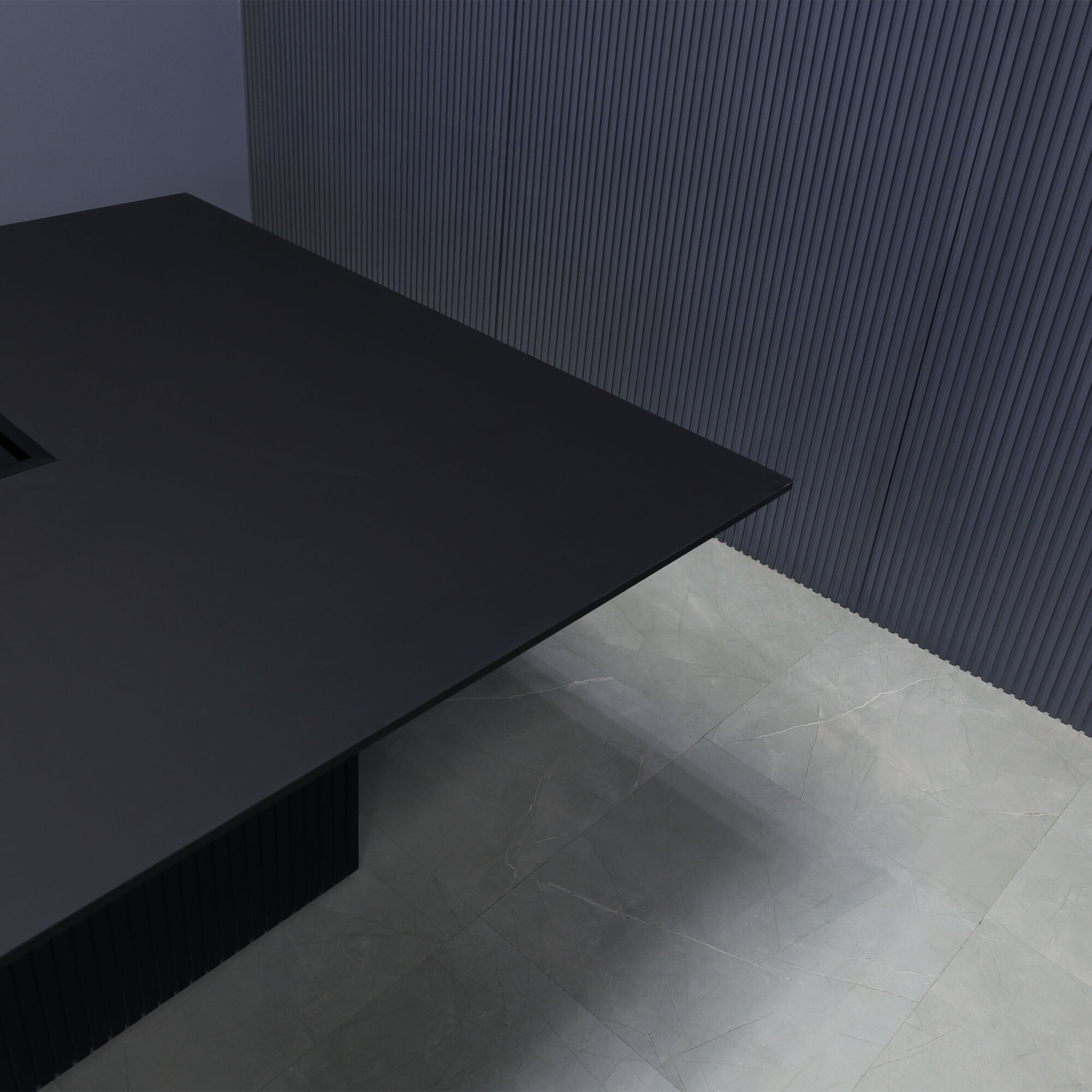 60-inch Aurora Square Conference Table in 1/2-inch black traceless engineered surface top, black traceless tambour base, and black MX3 power box.