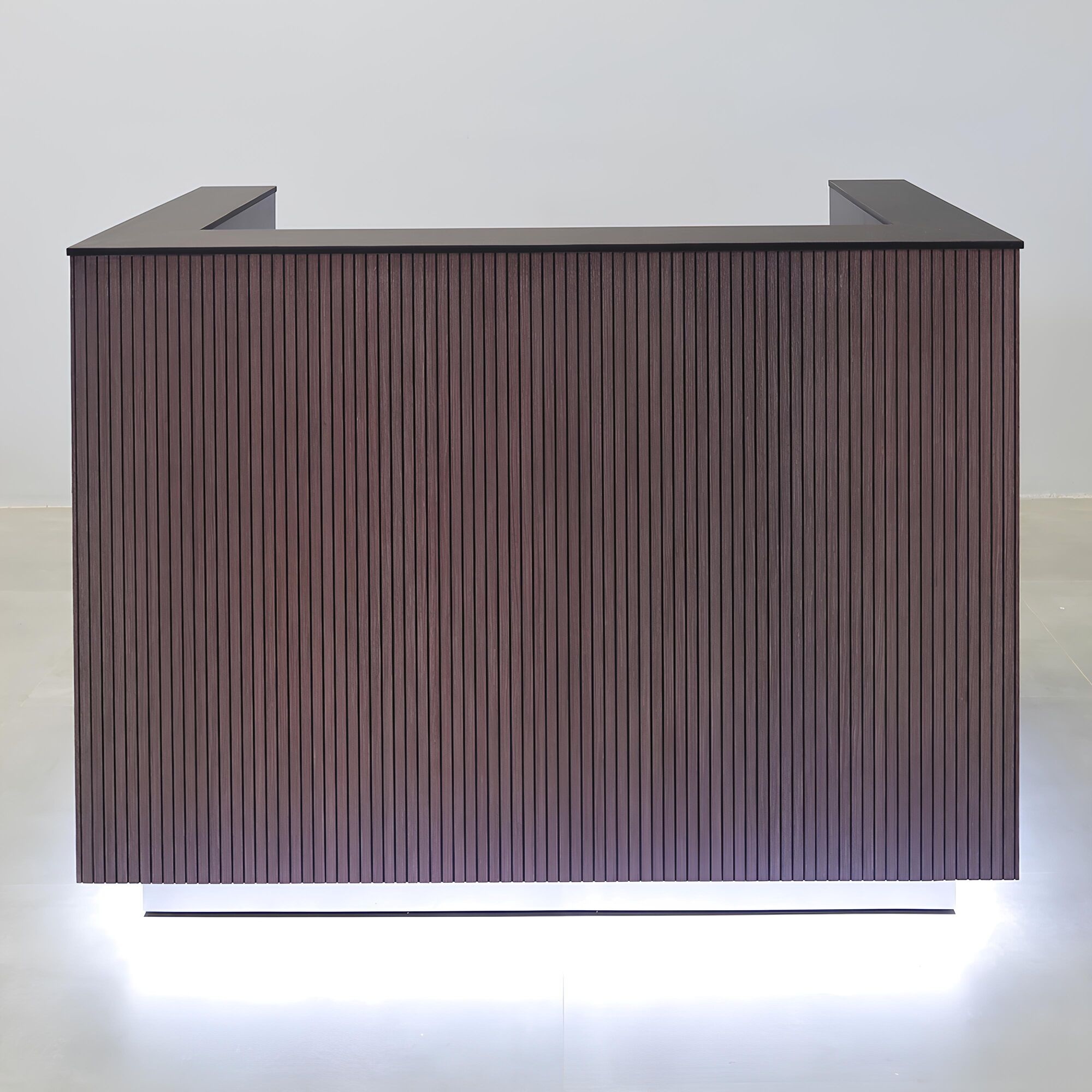 60-inches Dallas U-Shape Custom Reception Desk, Black traceless engineered surface top, gray oak tambour desk, black matte laminate workspace, brushed aluminum toe-kick, Colored LED with remote control included.