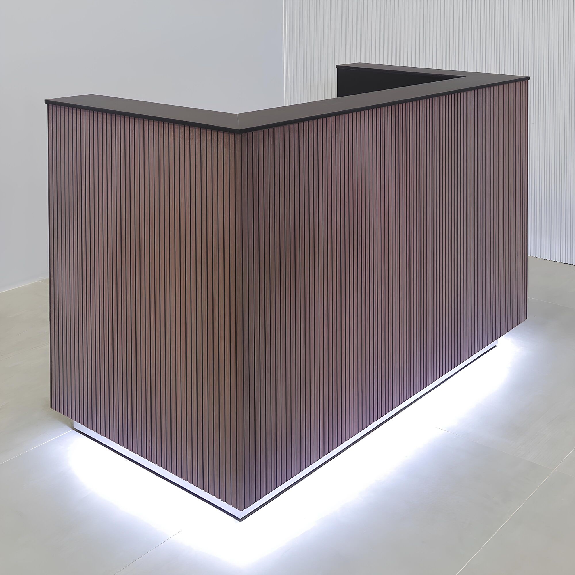 60-inches Dallas U-Shape Custom Reception Desk, Black traceless engineered surface top, gray oak tambour desk, black matte laminate workspace, brushed aluminum toe-kick, Colored LED with remote control included.