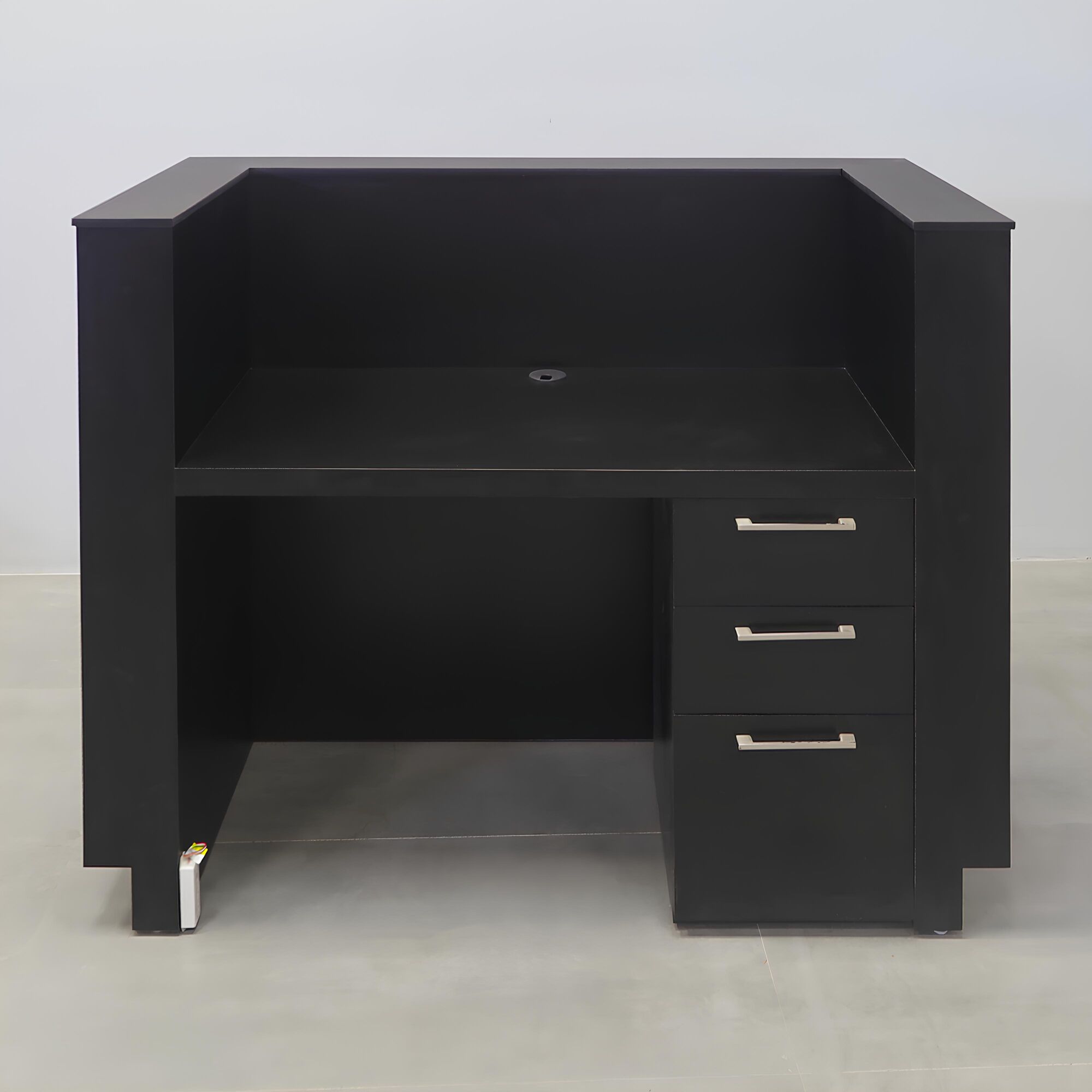 60-inches Dallas U-Shape Custom Reception Desk, Black traceless engineered surface top, gray oak tambour desk, black matte laminate workspace, brushed aluminum toe-kick, Colored LED with remote control included.