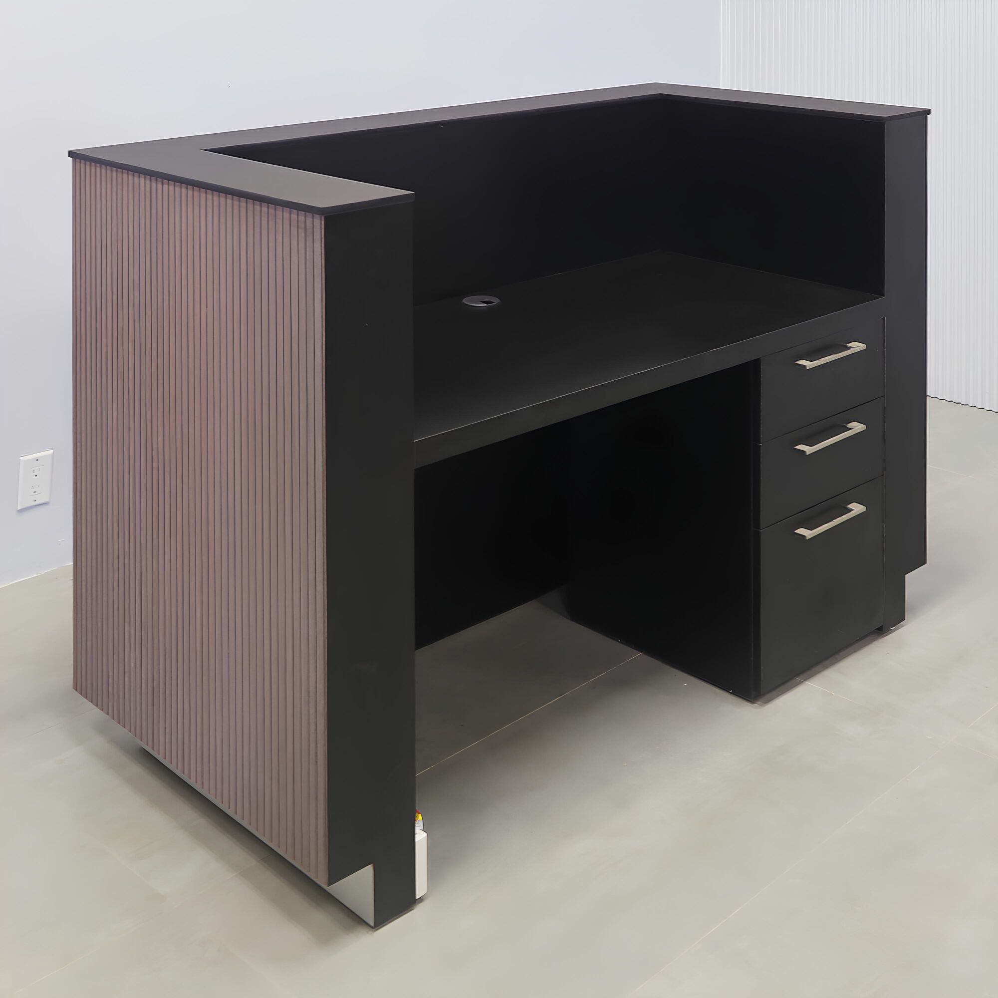 60-inches Dallas U-Shape Custom Reception Desk, Black traceless engineered surface top, gray oak tambour desk, black matte laminate workspace, brushed aluminum toe-kick, Colored LED with remote control included.