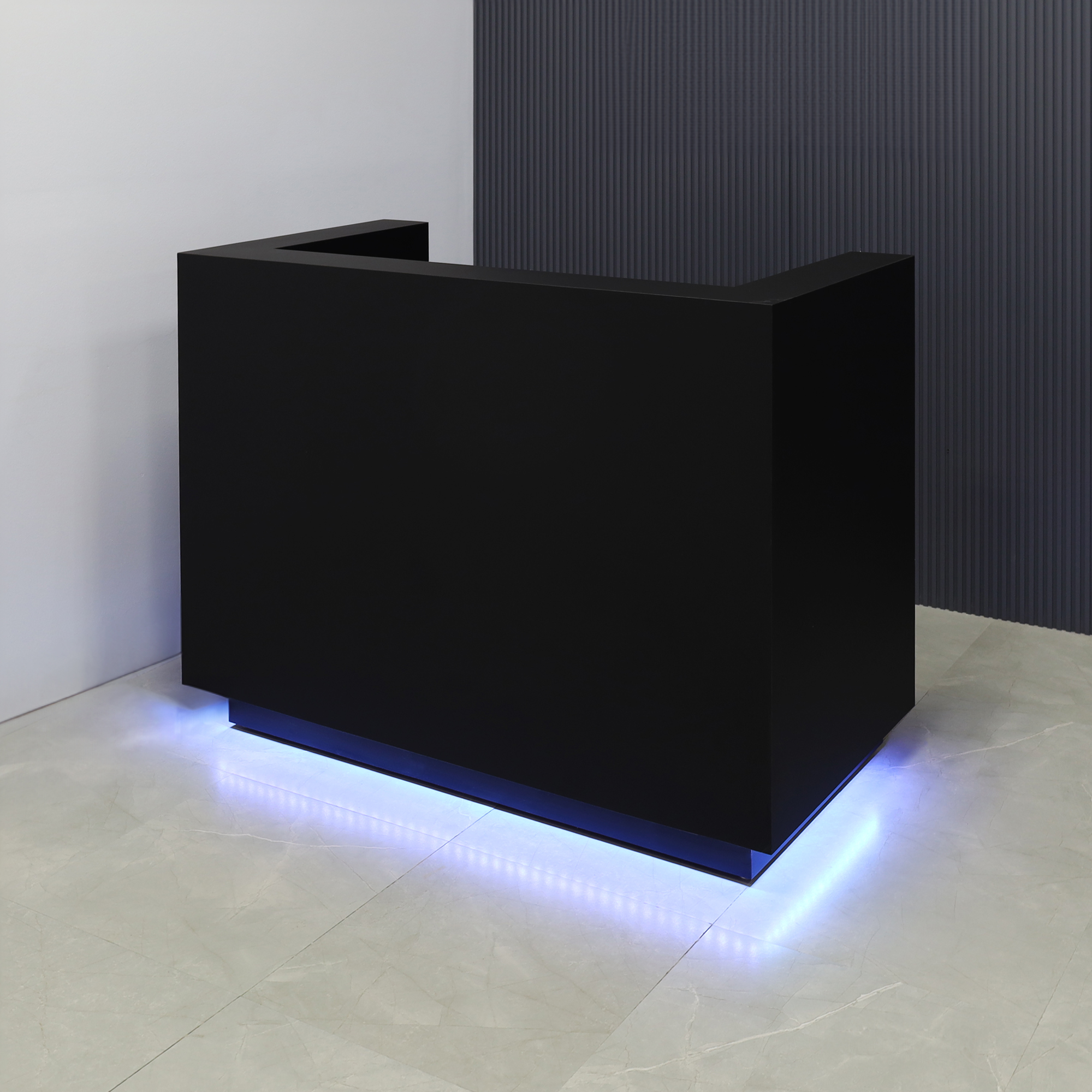 60-inch Dallas U-Shape Reception Desk in black traceless laminate main desk and black matte laminate toe-kick, with color LED, shown here.