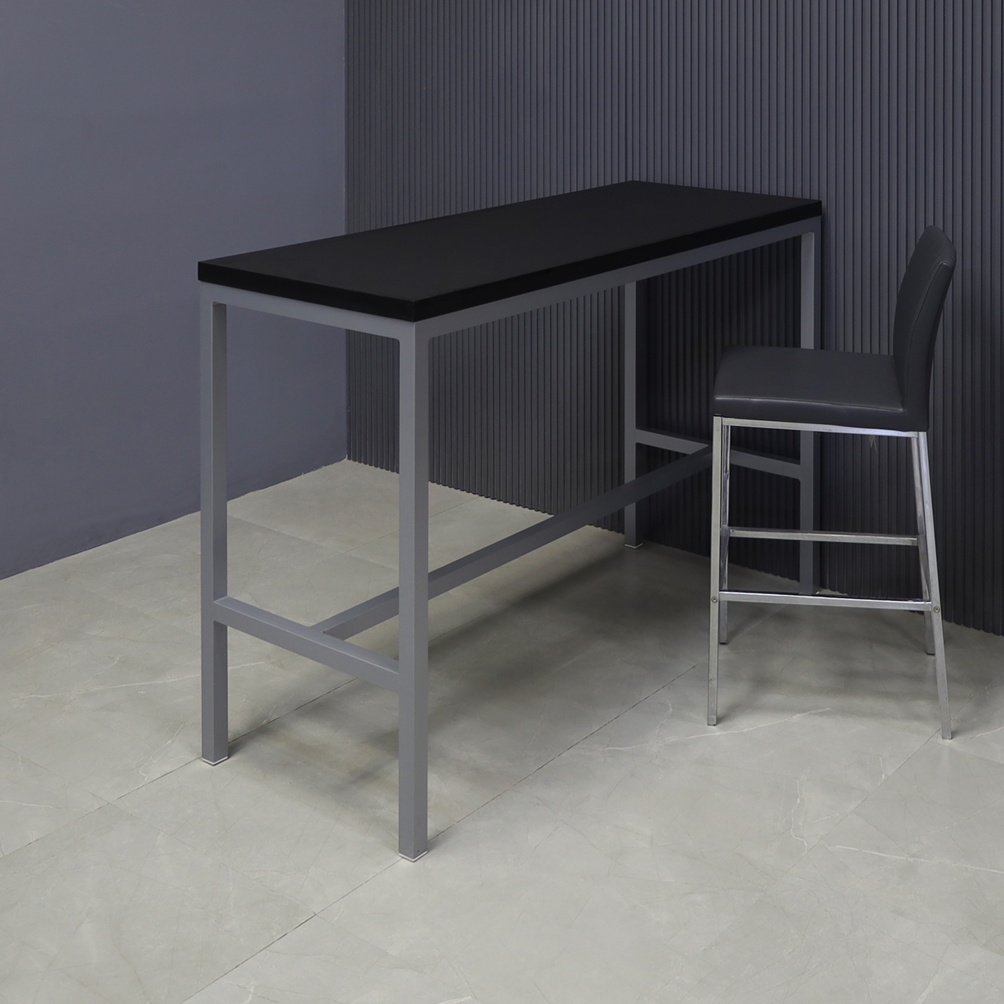 Aspen Bar Table in black traceless laminate top and gray aluminum framing shown here.