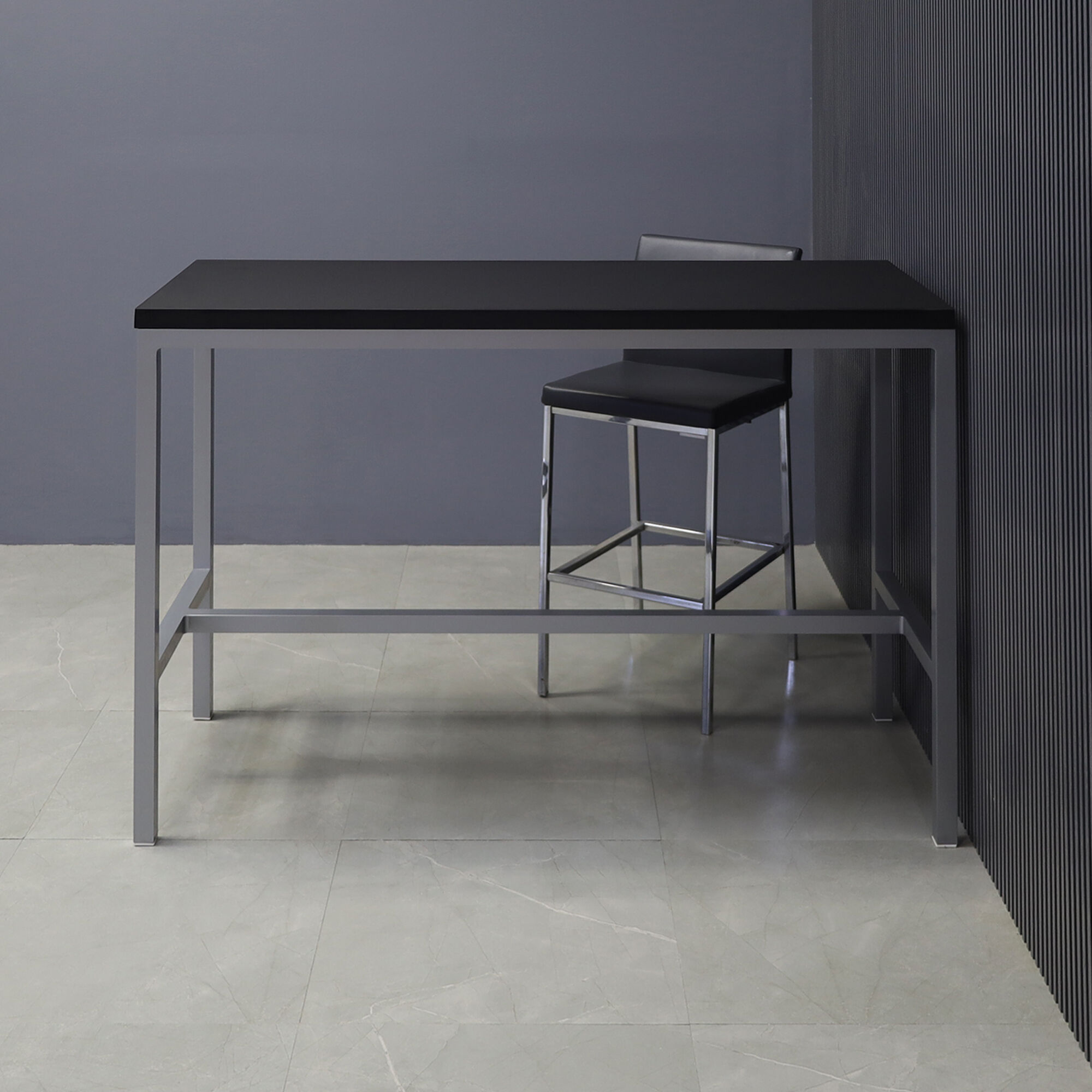 60-inch Aspen Bar Table in black traceless laminate top, and gray metal frame.