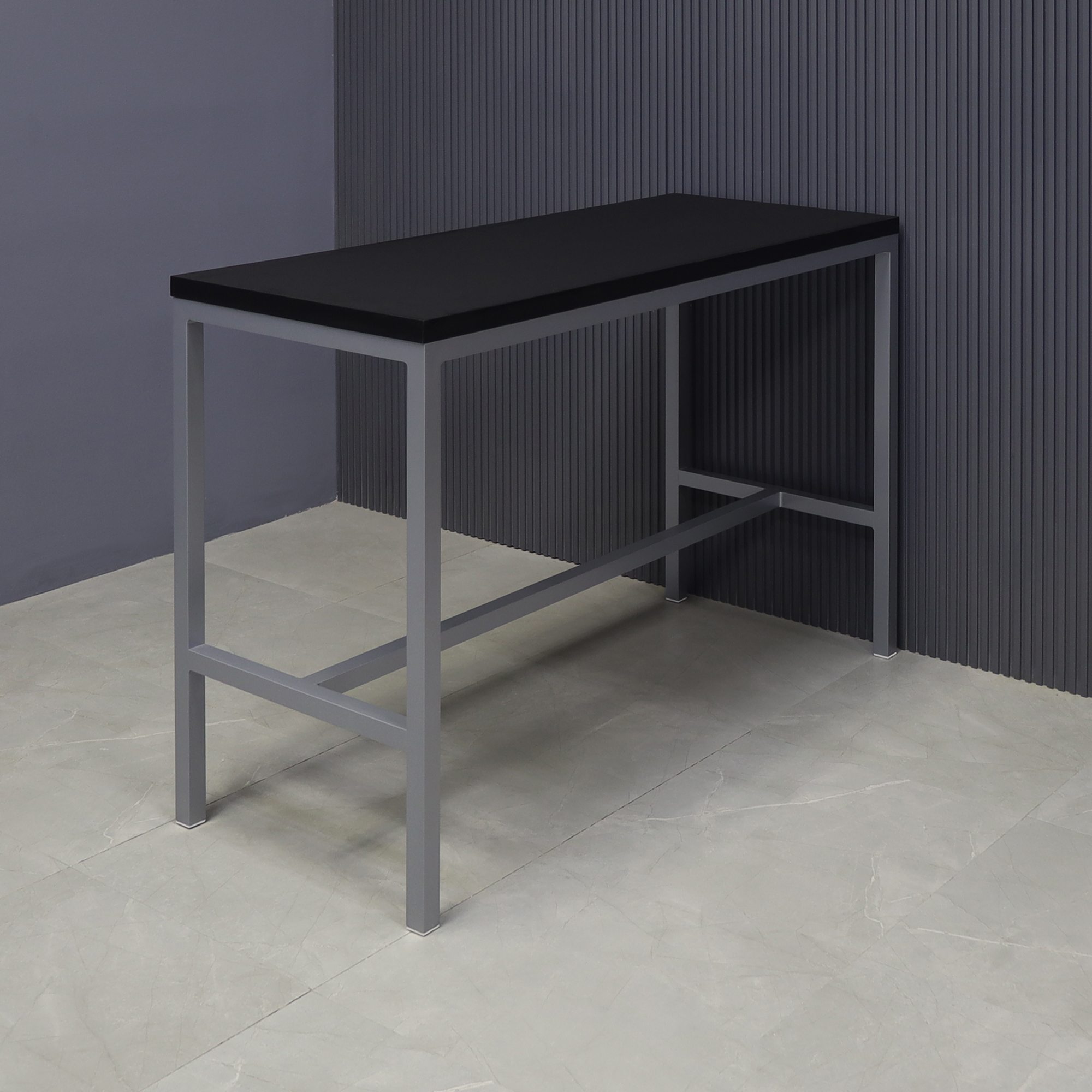 Aspen Bar Table in black traceless laminate top and gray aluminum framing shown here.