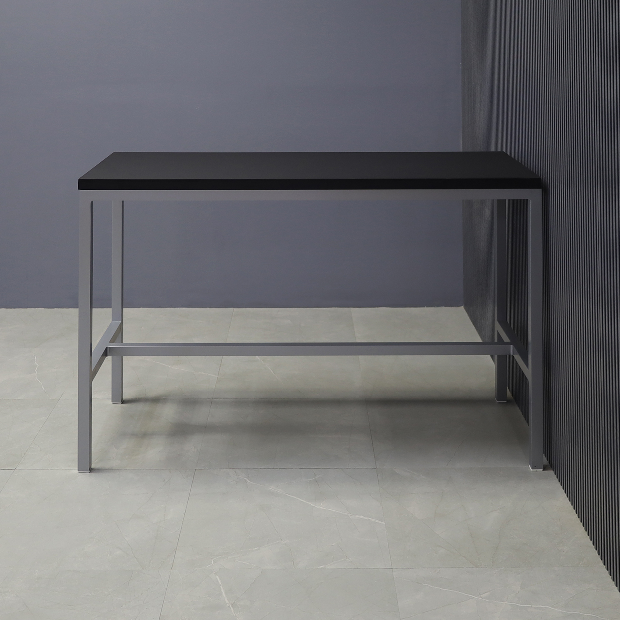 60-inch Aspen Bar Table in black traceless laminate top and gray metal frame shown here.