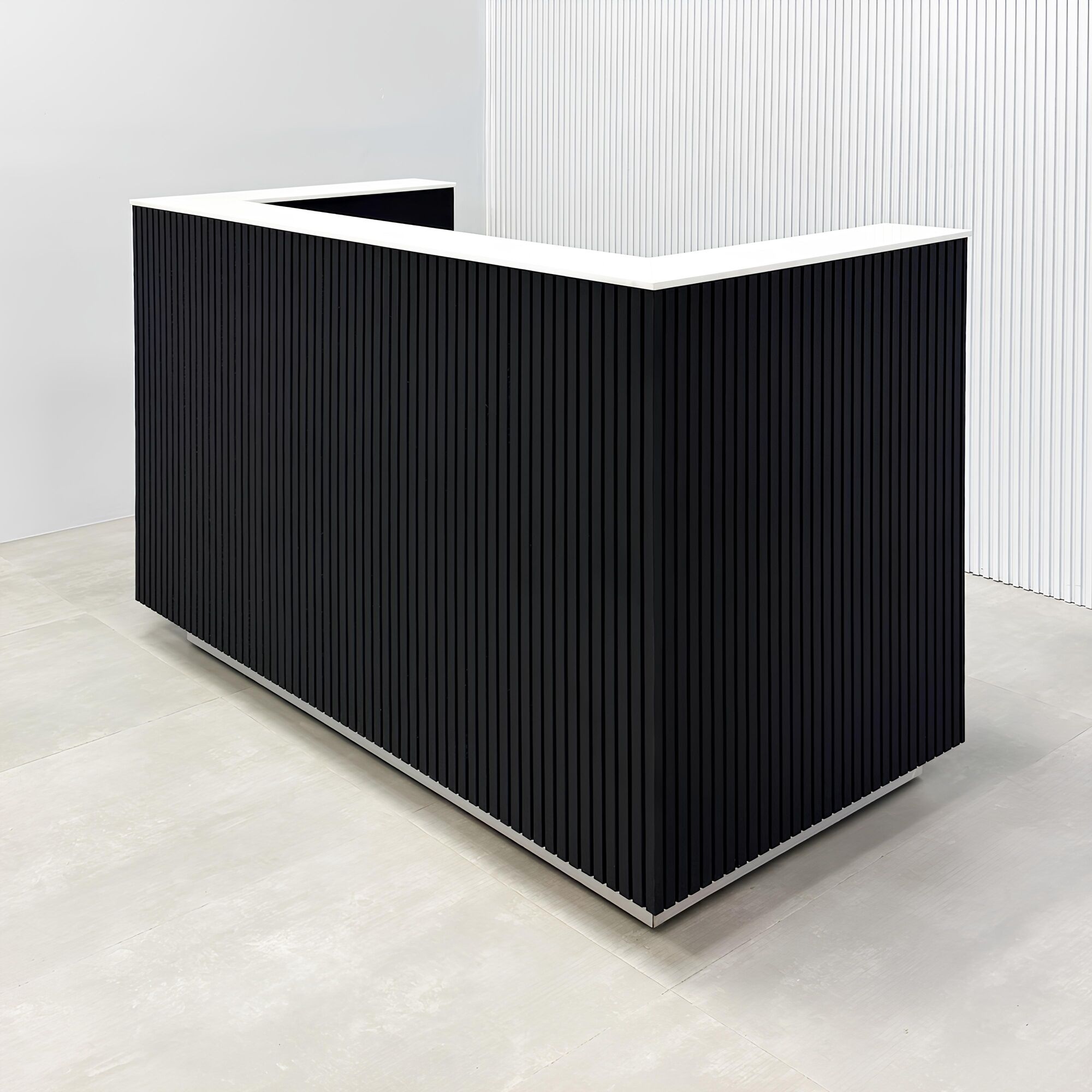 60-inch Dallas U Shape Reception Desk with black traceless tambour front, black traceless laminate workspace, and brushed aluminum toe-kick.