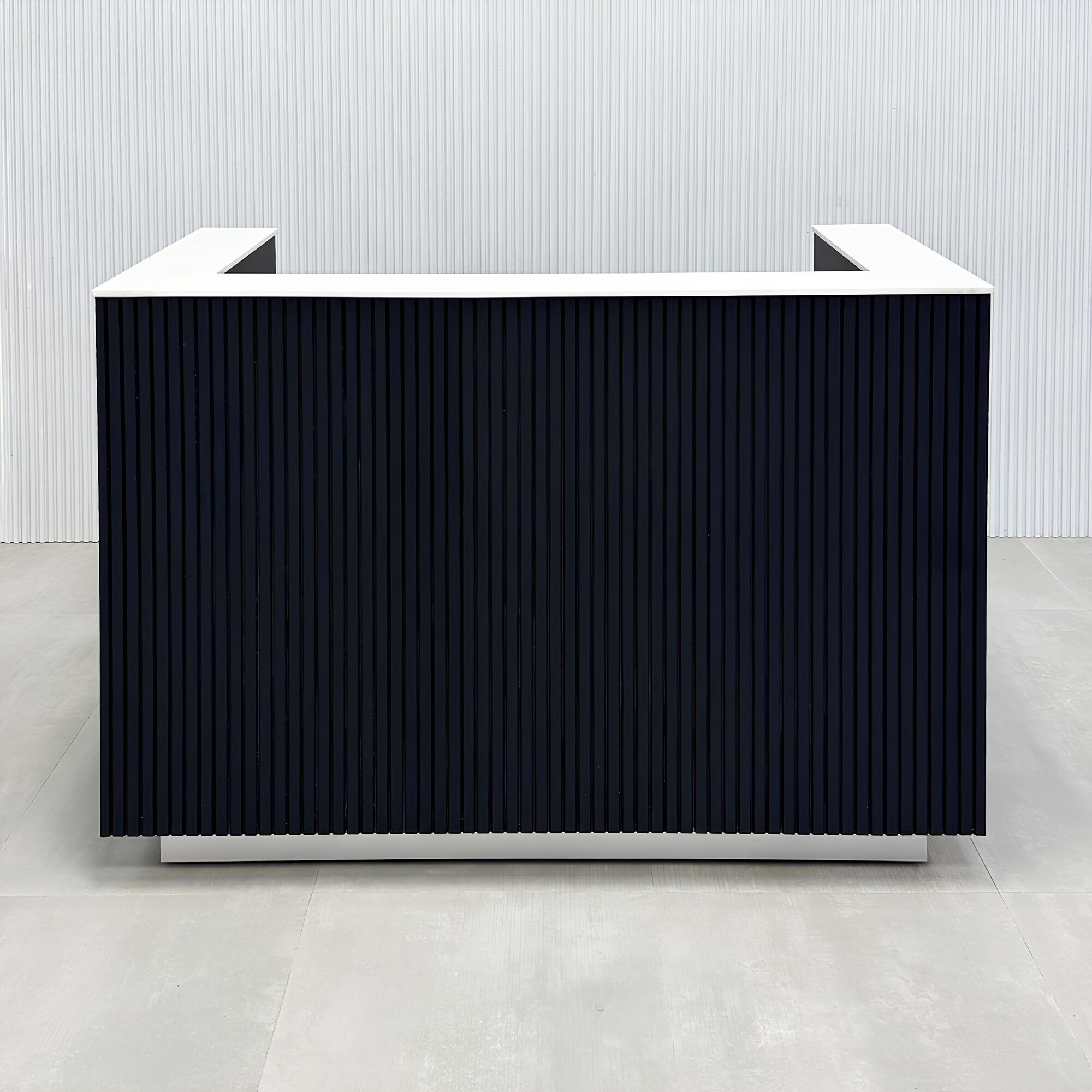 60-inch Dallas U Shape Reception Desk with black traceless tambour front, black traceless laminate workspace, and brushed aluminum toe-kick.