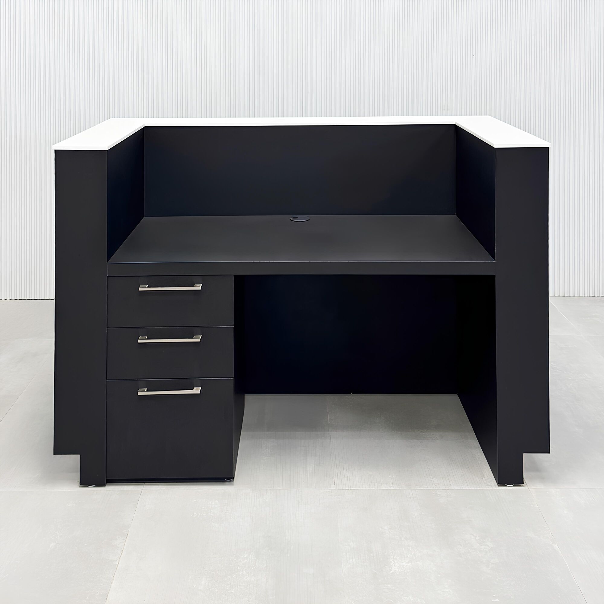 60-inch Dallas U Shape Reception Desk with black traceless tambour front, black traceless laminate workspace, and brushed aluminum toe-kick.