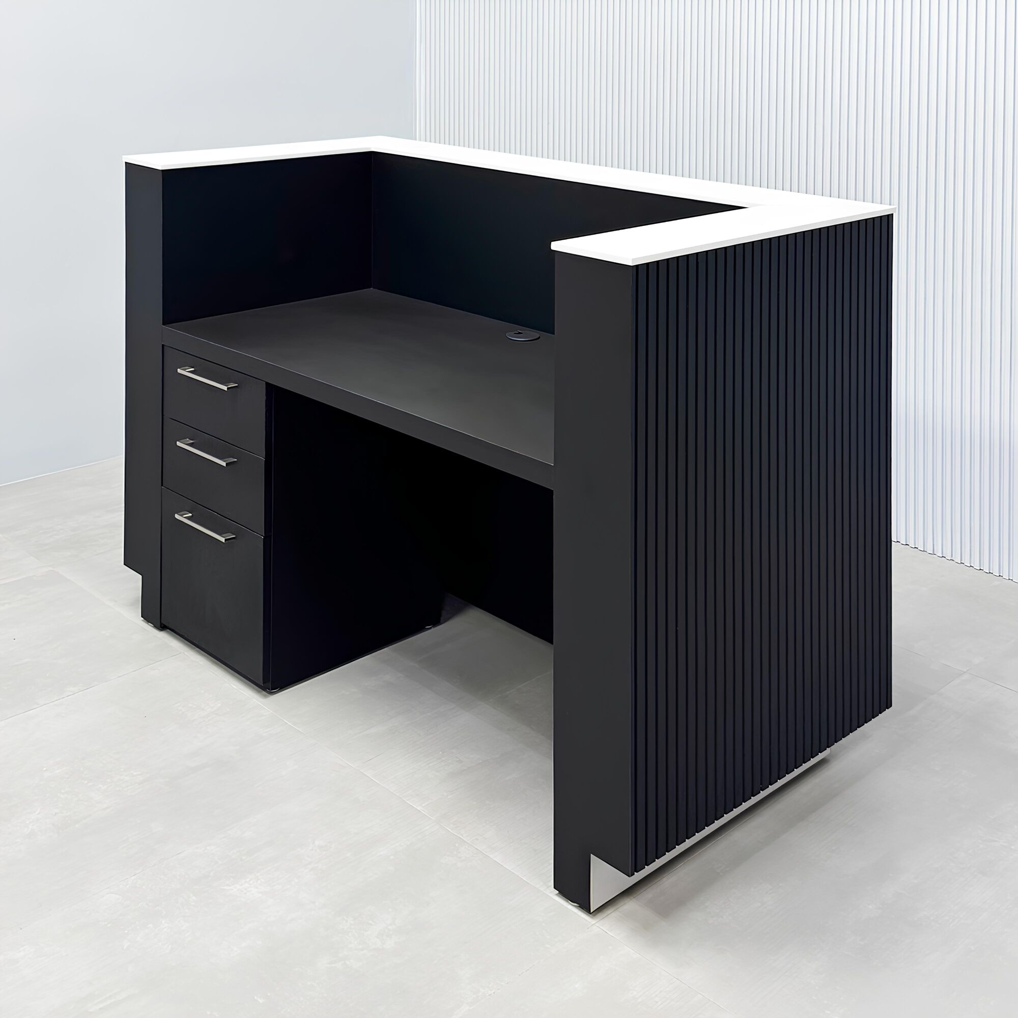60-inch Dallas U Shape Reception Desk with black traceless tambour front, black traceless laminate workspace, and brushed aluminum toe-kick.