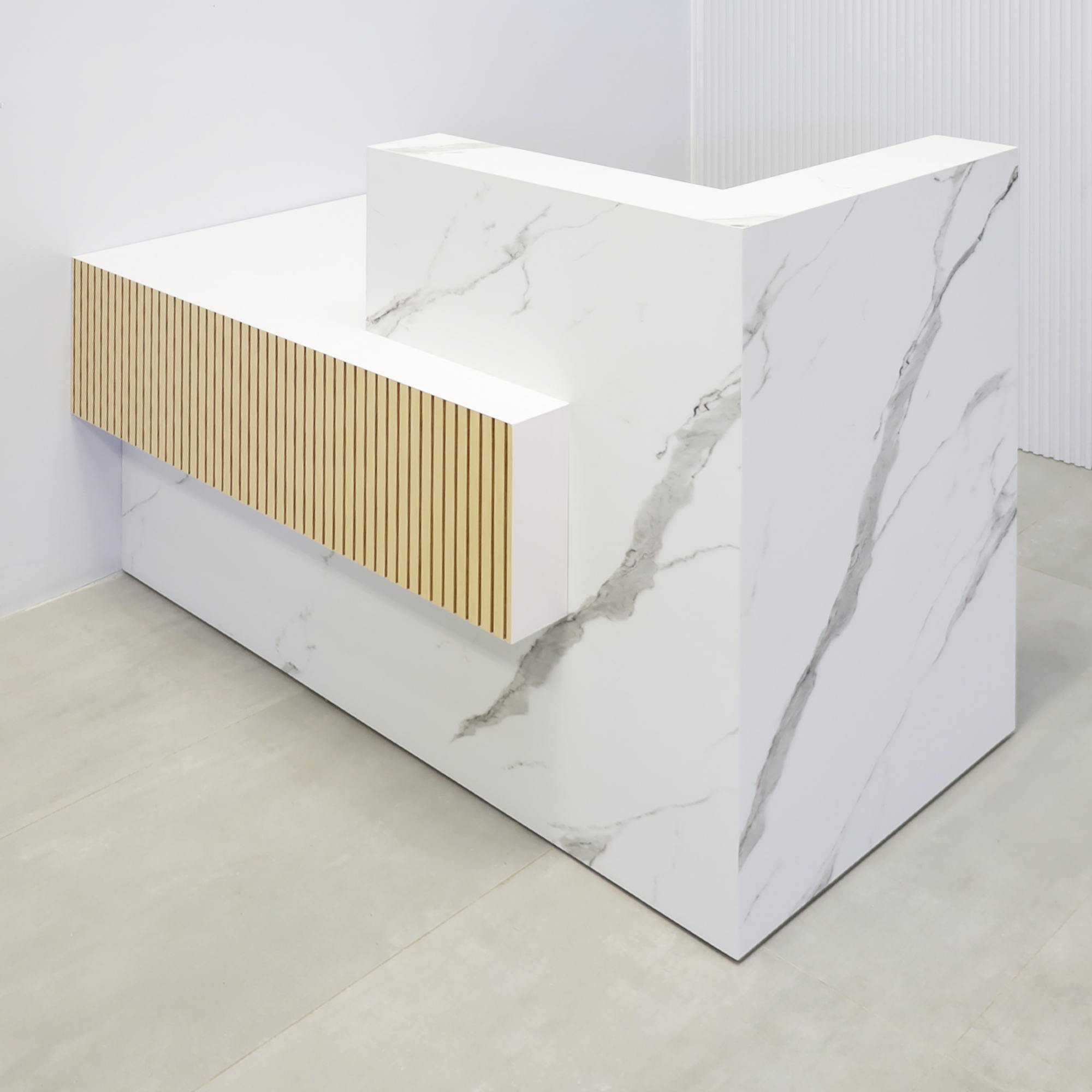 60-inch Atlanta Custom Reception Desk with calcutta stone PVC laminate countertop & base, white matte laminate workspace, and maple tambour front accent panel.