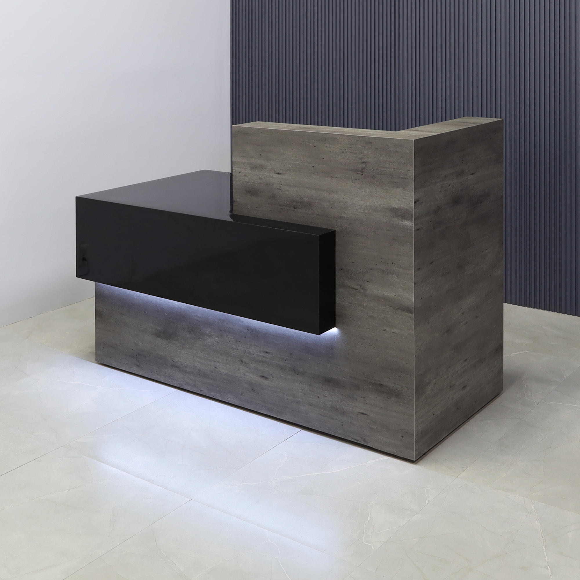 Atlanta Custom Reception Desk in concrete laminate countertop & base, black gloss laminate front accent and workspace, with white LED shown here.