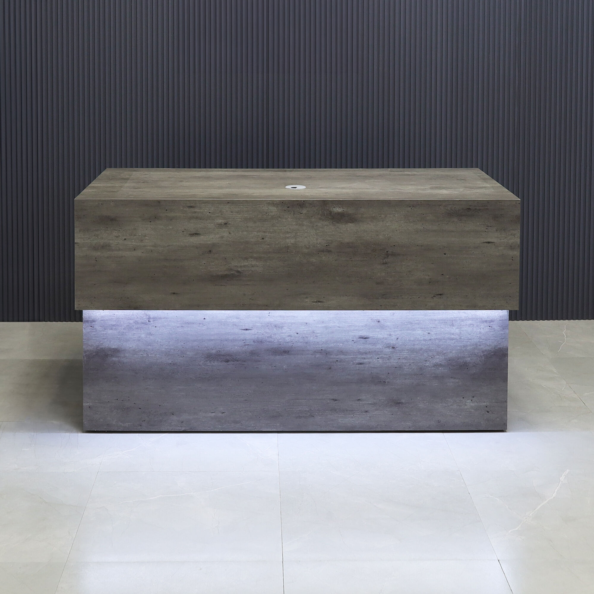 60-inch Atlanta Base Reception Desk in concrete laminate main desk and warm white LED.