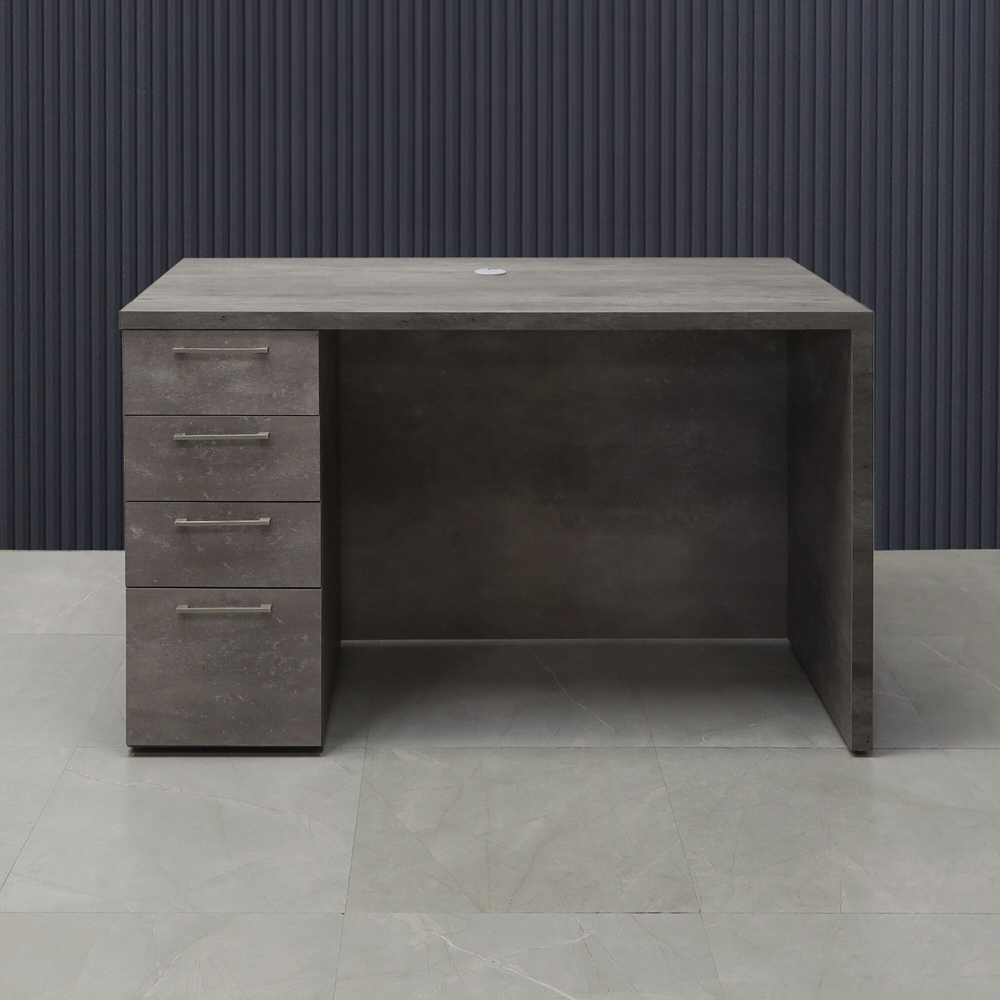 60-inch Atlanta Base Reception Desk in concrete laminate main desk and warm white LED. Built-in storage on the left side when sitting.
