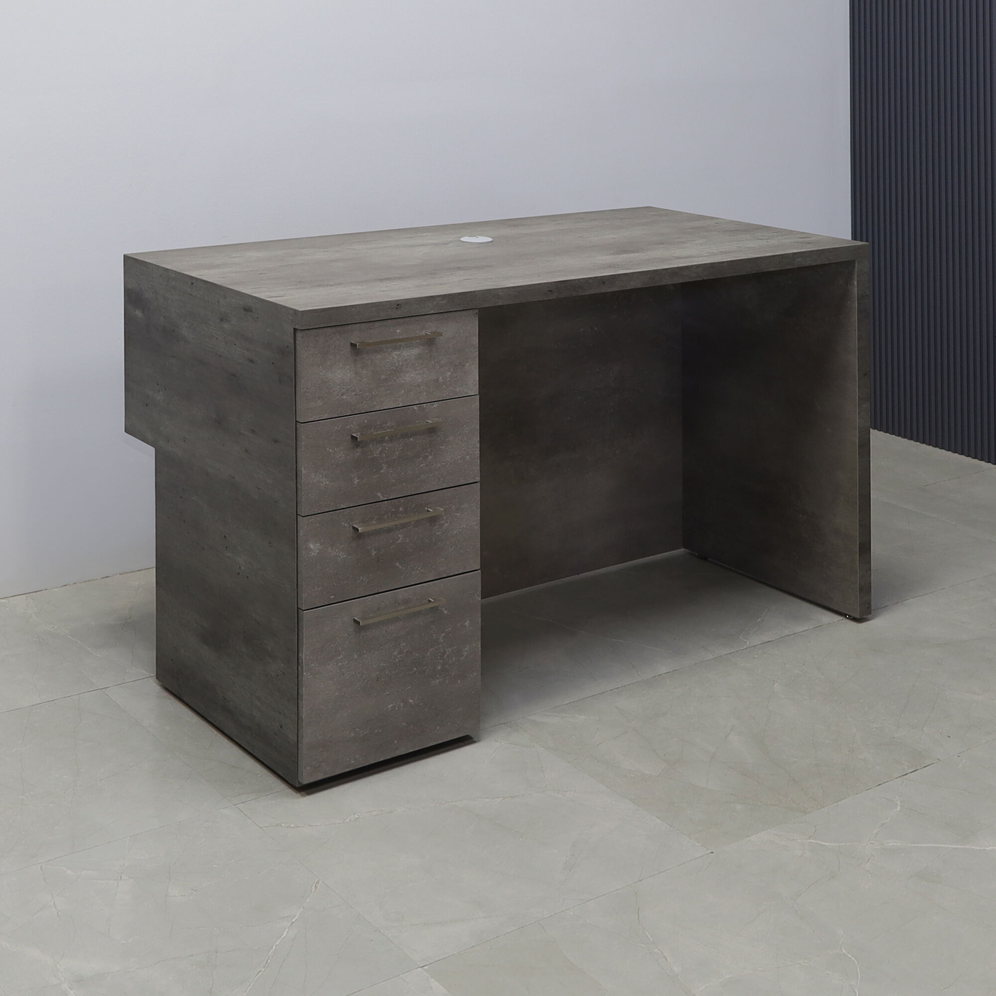 60-inch Atlanta Base Reception Desk in concrete laminate main desk and warm white LED. Built-in storage on the left side when sitting.