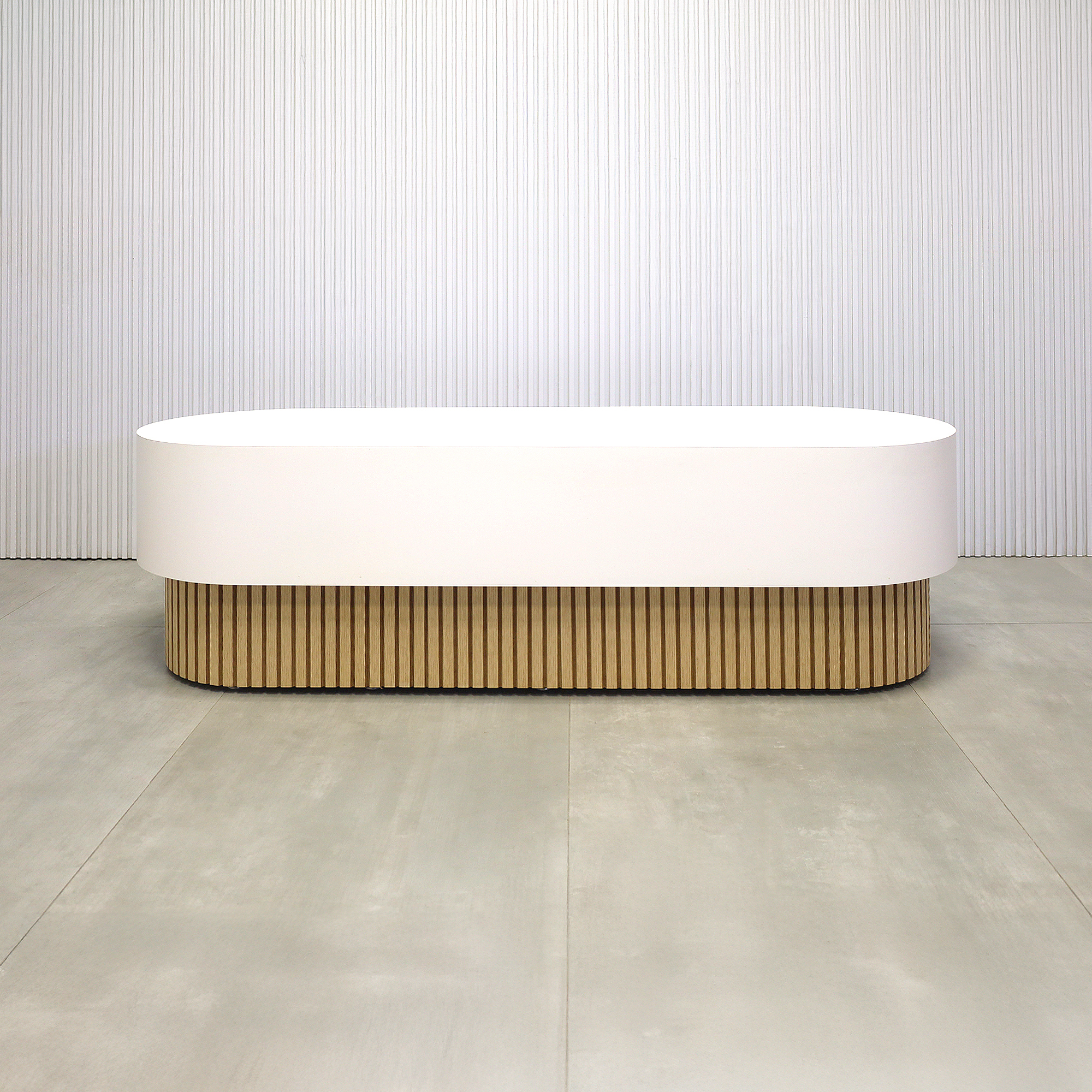 60-inch Pill Bench with X2 Base in Dover Off-White laminate top, and White Oak tambour base.