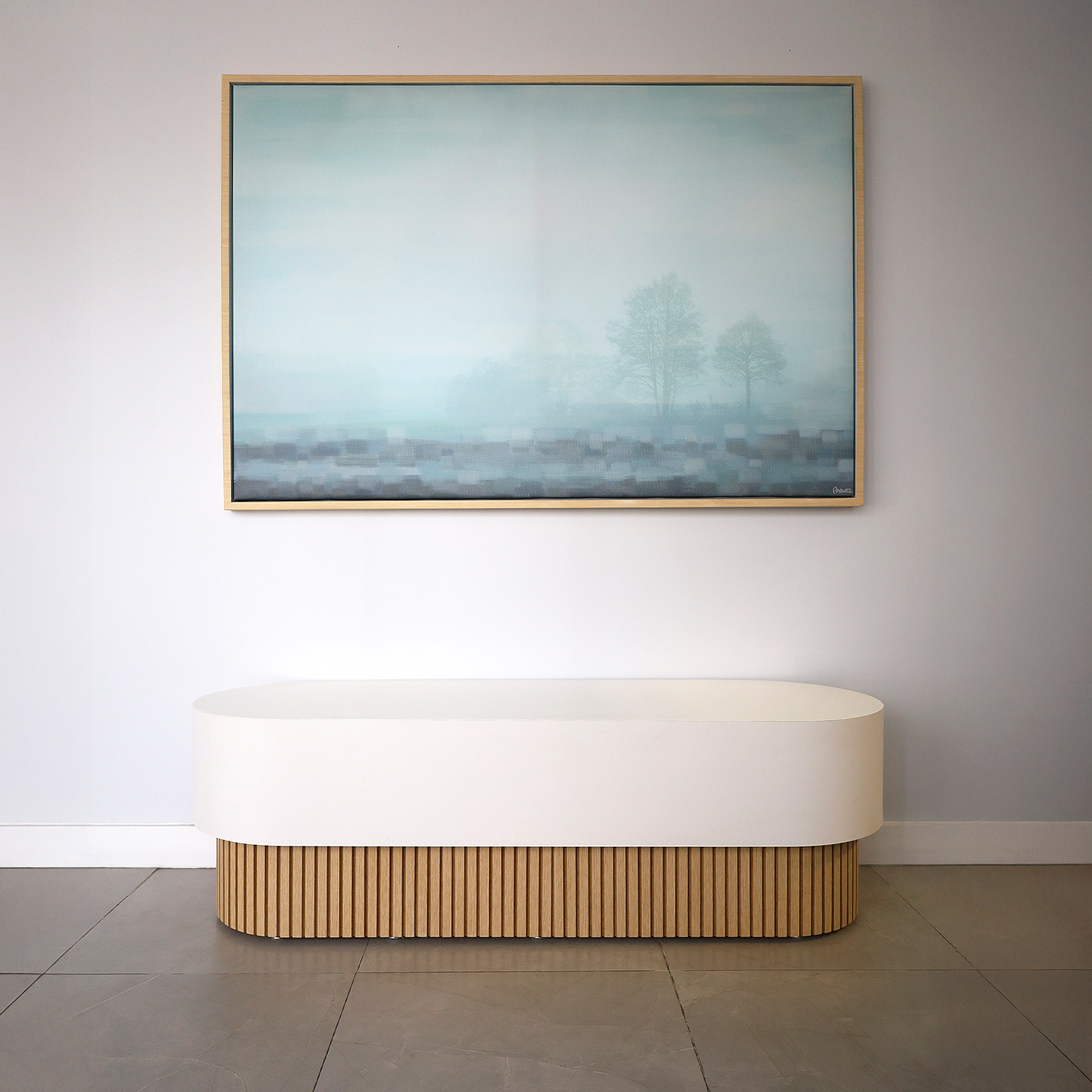 60-inch Pill Bench with X2 Base in Dover Off-White laminate top, and White Oak tambour base.
