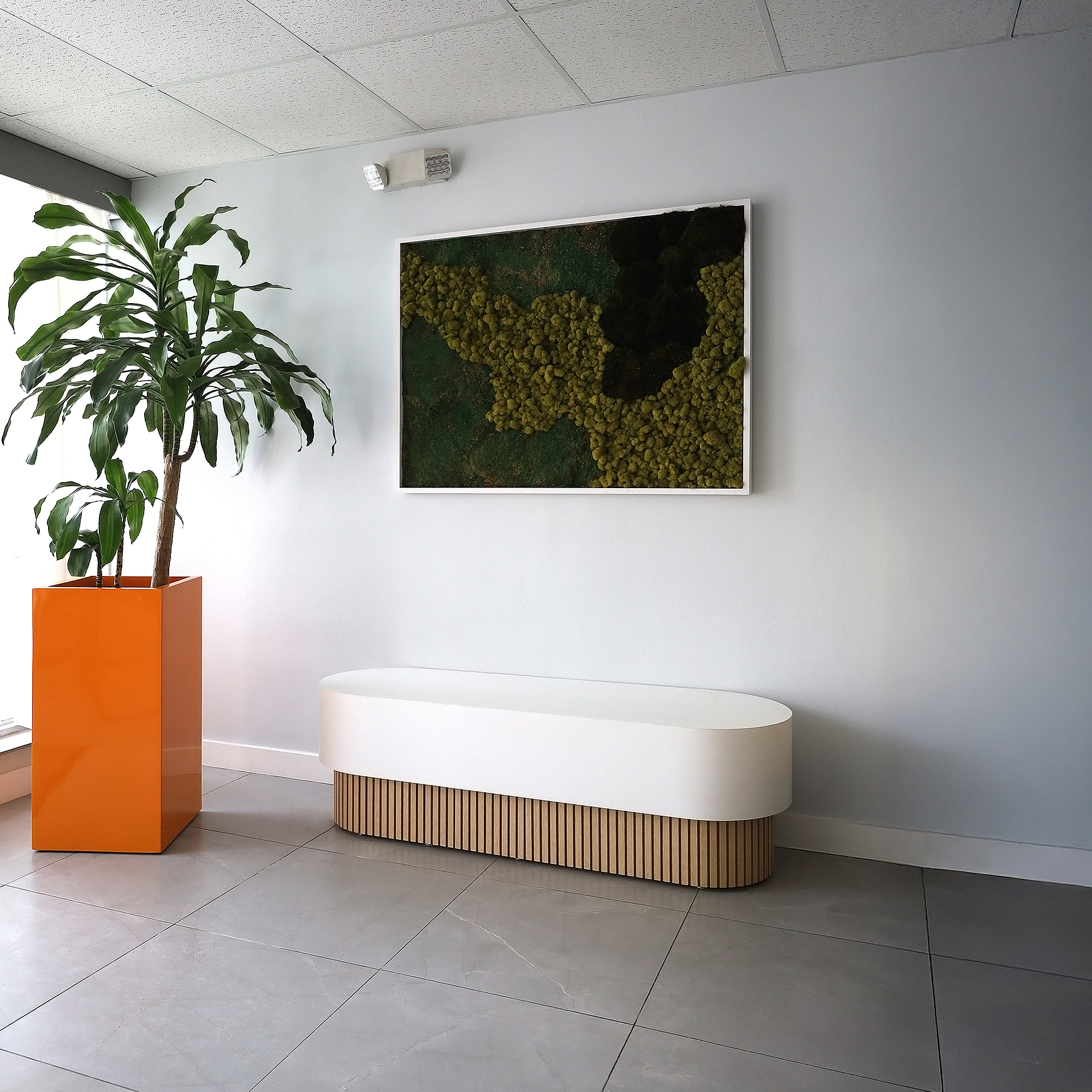 60-inch Pill Bench with X2 Base in Dover Off-White laminate top, and White Oak tambour base.