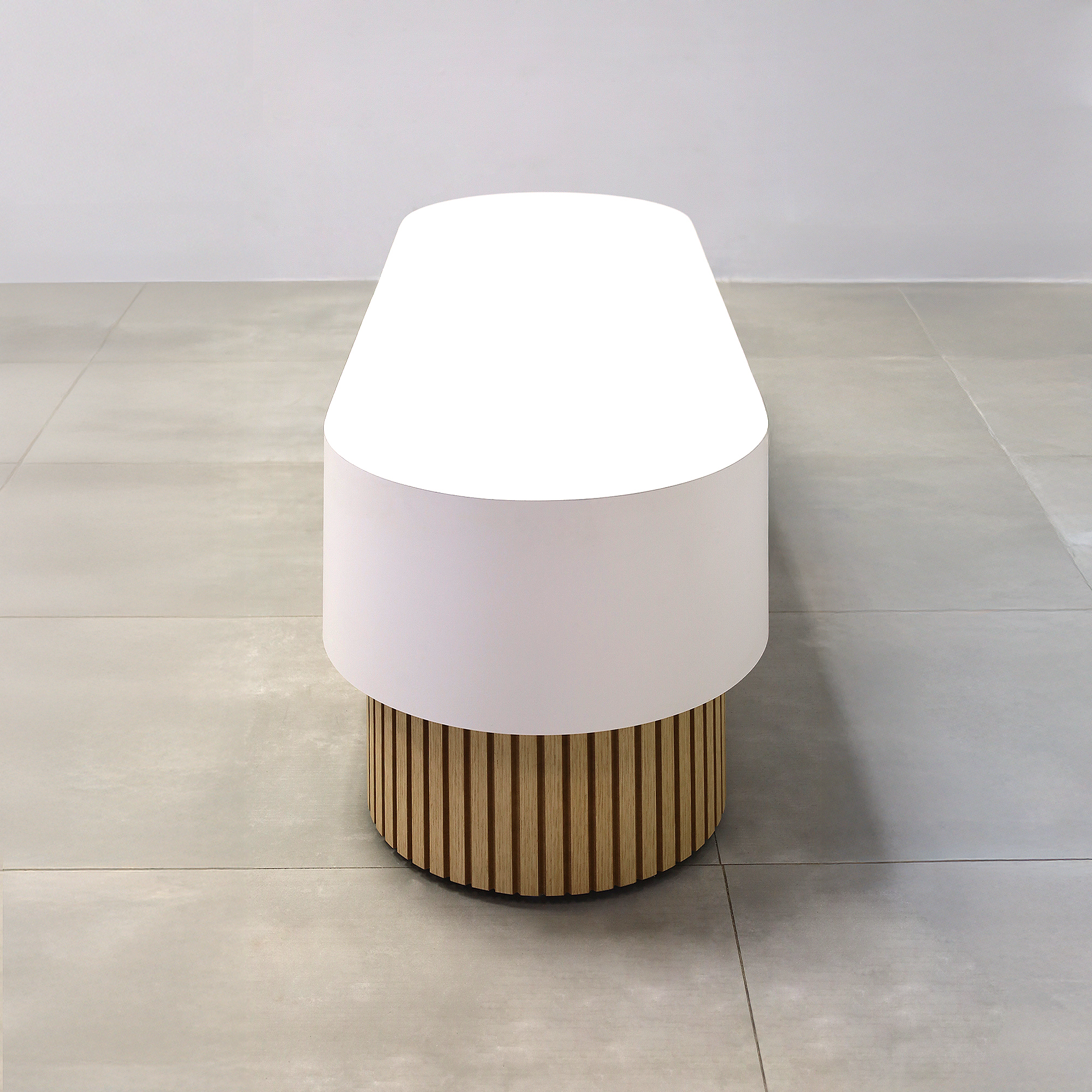 60-inch Pill Bench with X2 Base in Dover Off-White laminate top, and White Oak tambour base.