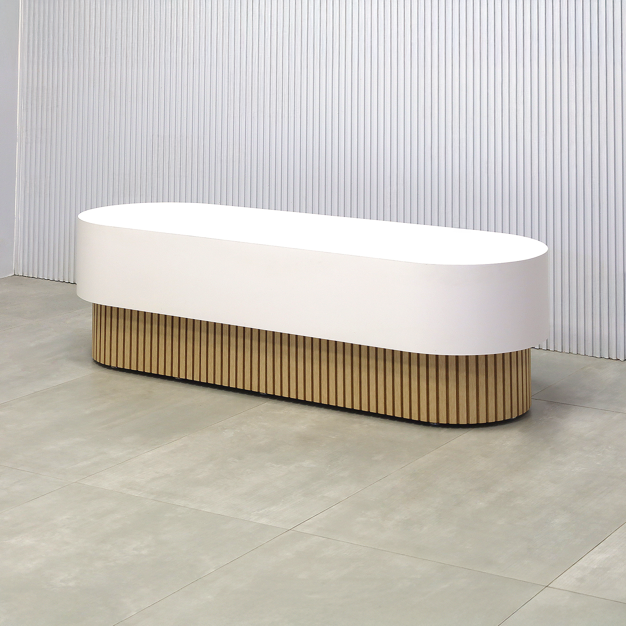 60-inch Pill Bench with X2 Base in Dover Off-White laminate top, and White Oak tambour base.