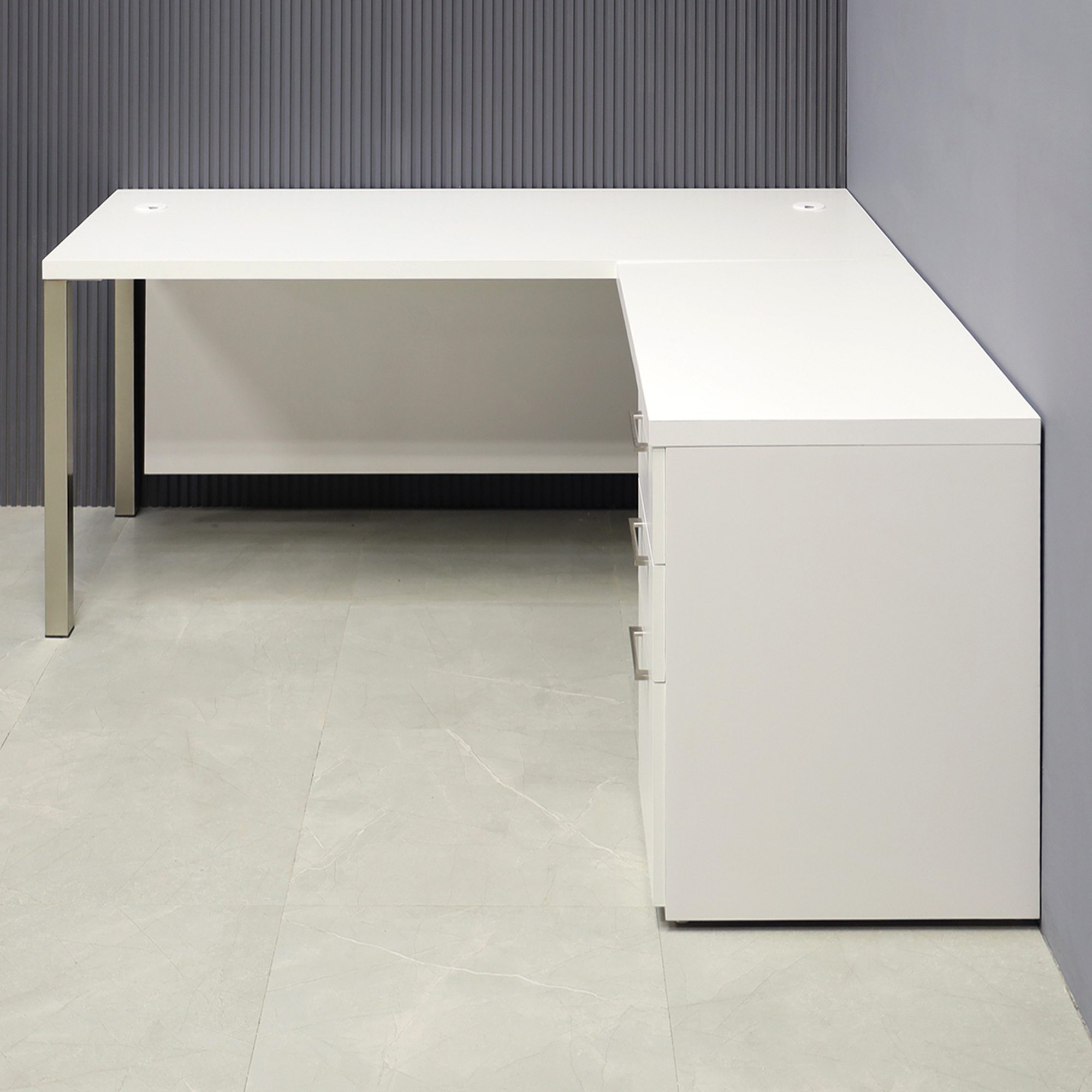 60-inch Dallas L-Shape Executive Desk, right side cabinet & return when sitting and two grommet holes on both sides in dover off-white matte laminate top, cabinet and privacy panel, with chromed legs, shown here.