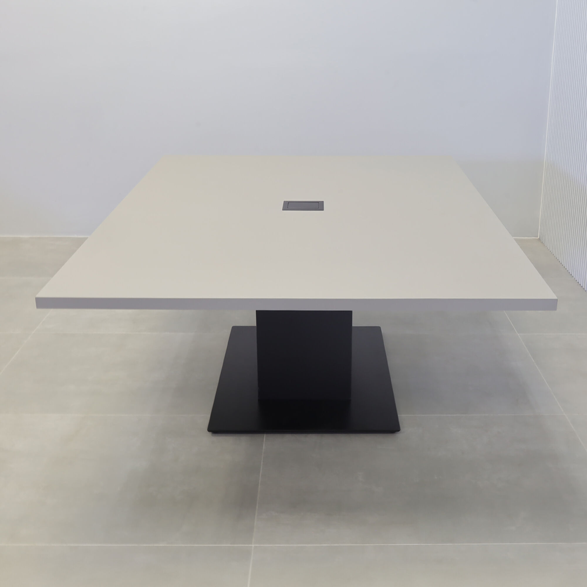 60-inch California X2 Square Conference Table in fog gray matte laminate, black traceless laminate, and metal powder coated black base, with black MX2 power box.