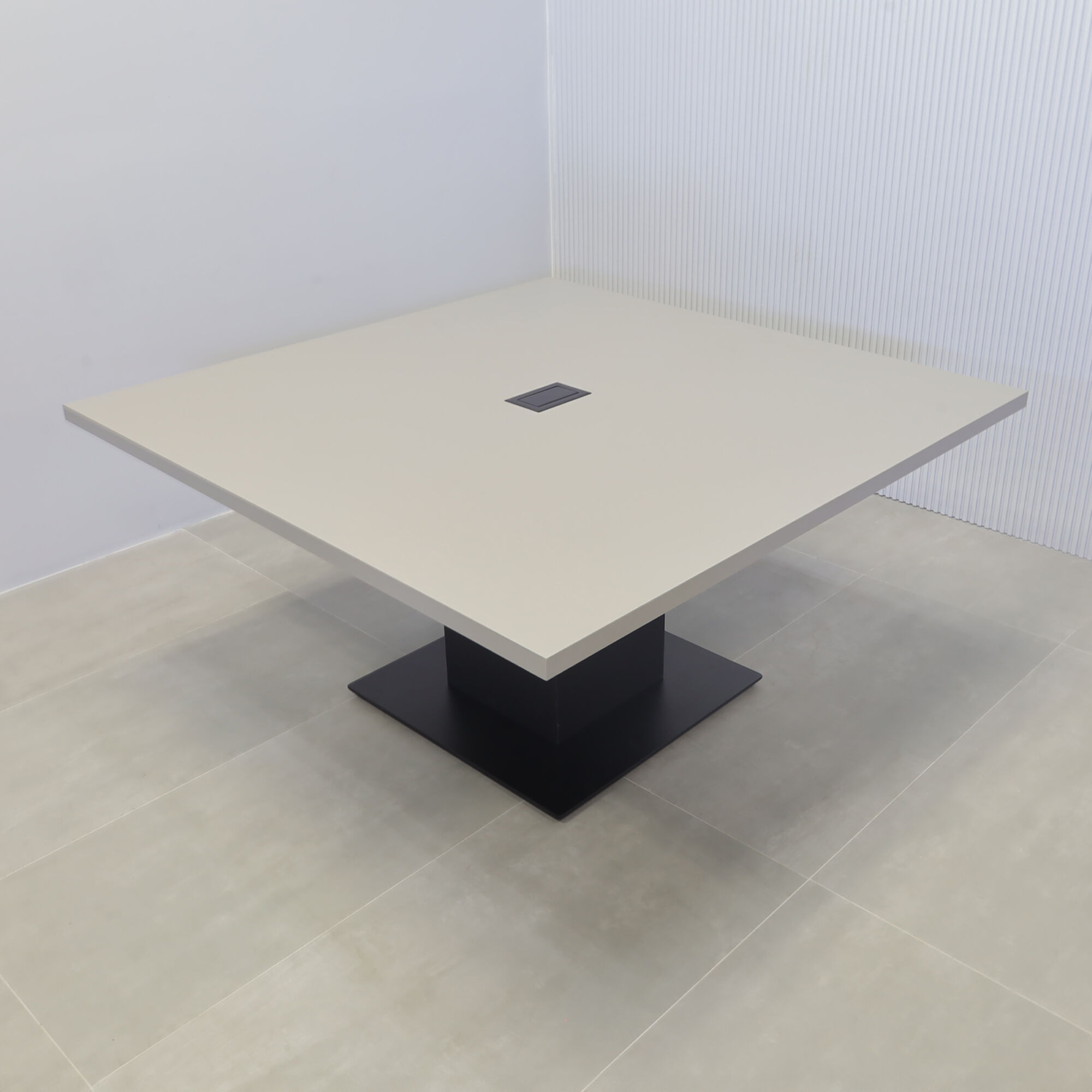 60-inch California X2 Square Conference Table in fog gray matte laminate, black traceless laminate, and metal powder coated black base, with black MX2 power box.