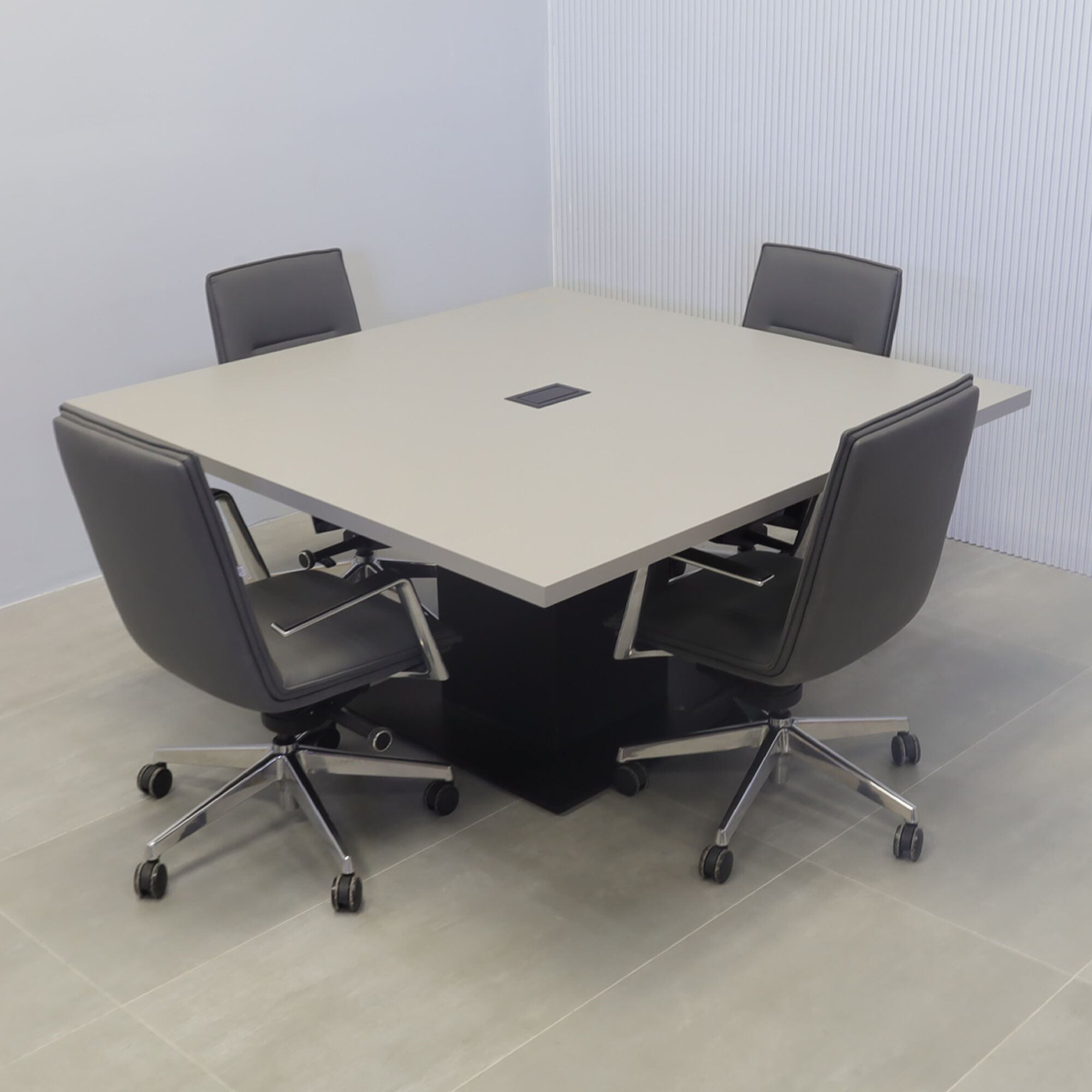 60-inch California X2 Square Conference Table in fog gray matte laminate, black traceless laminate, and metal powder coated black base, with black MX2 power box.
