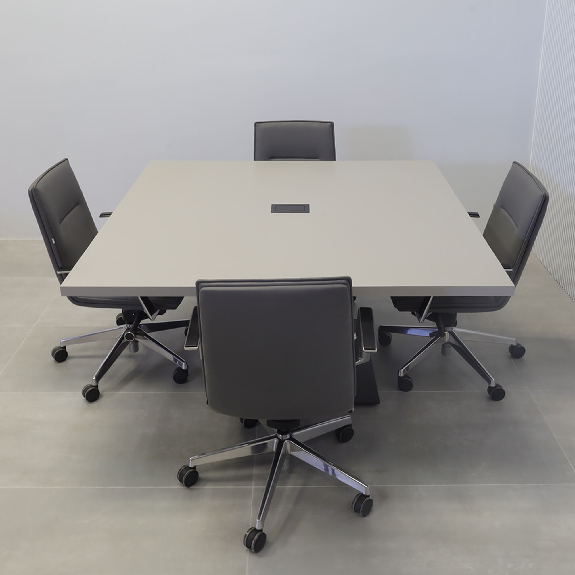60-inch California X2 Square Conference Table in fog gray matte laminate, black traceless laminate, and metal powder coated black base, with black MX2 power box.