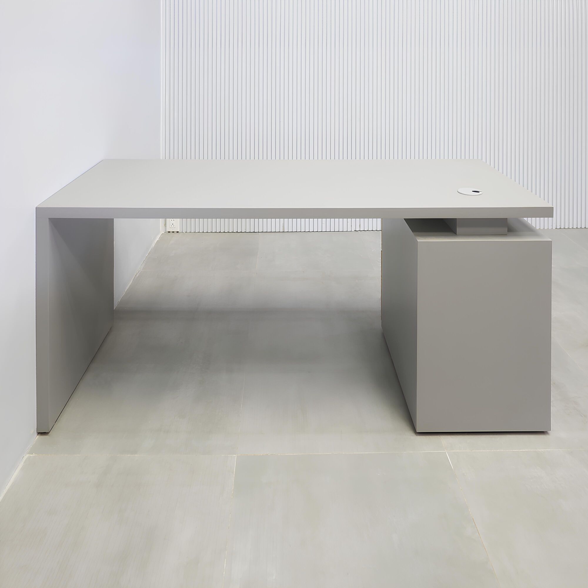 60-inch Denver Straight Executive Desk with fog gray matte laminate top and white oak wood veneer storage.