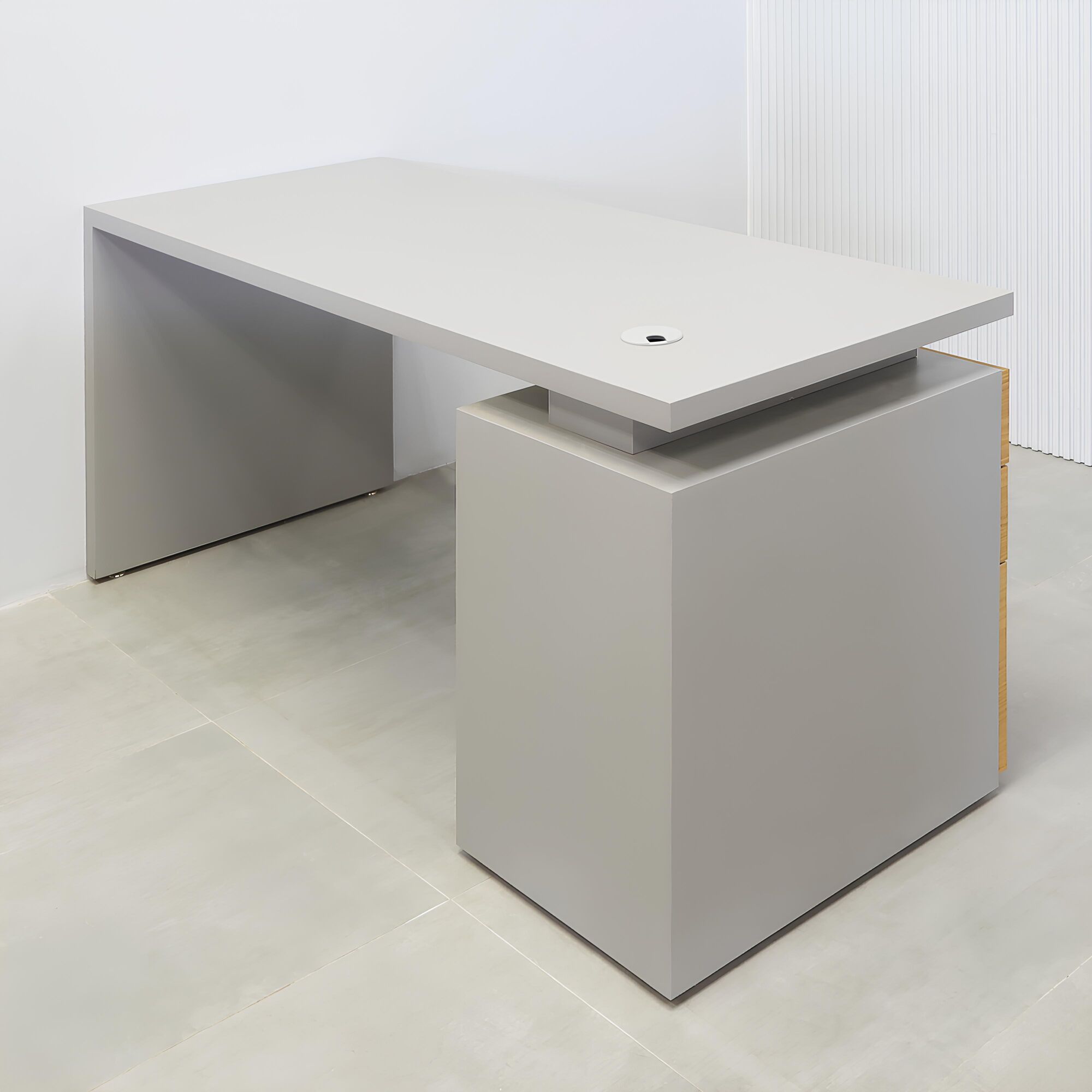 60-inch Denver Straight Executive Desk with fog gray matte laminate top and white oak wood veneer storage.