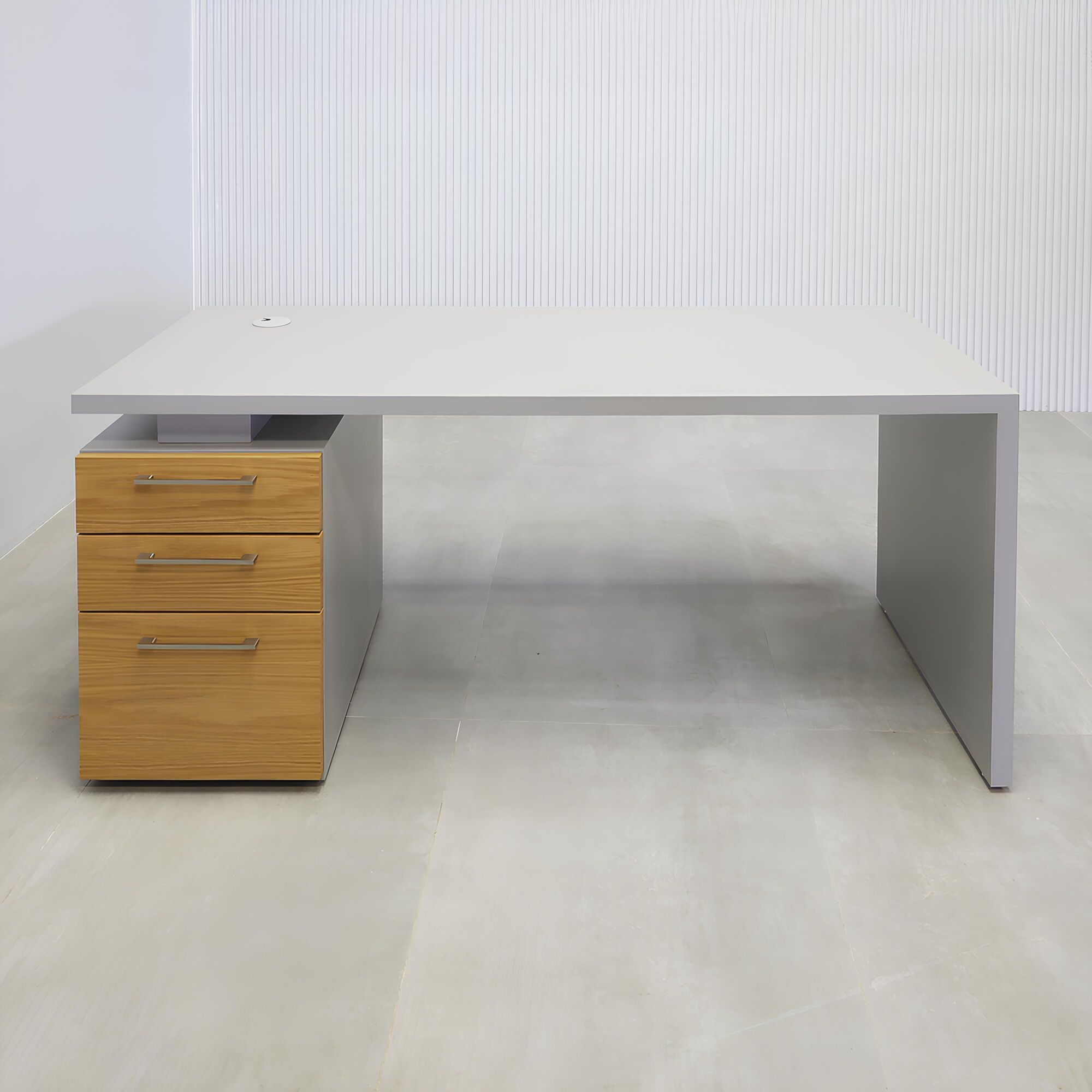 60-inch Denver Straight Executive Desk with fog gray matte laminate top and white oak wood veneer storage.