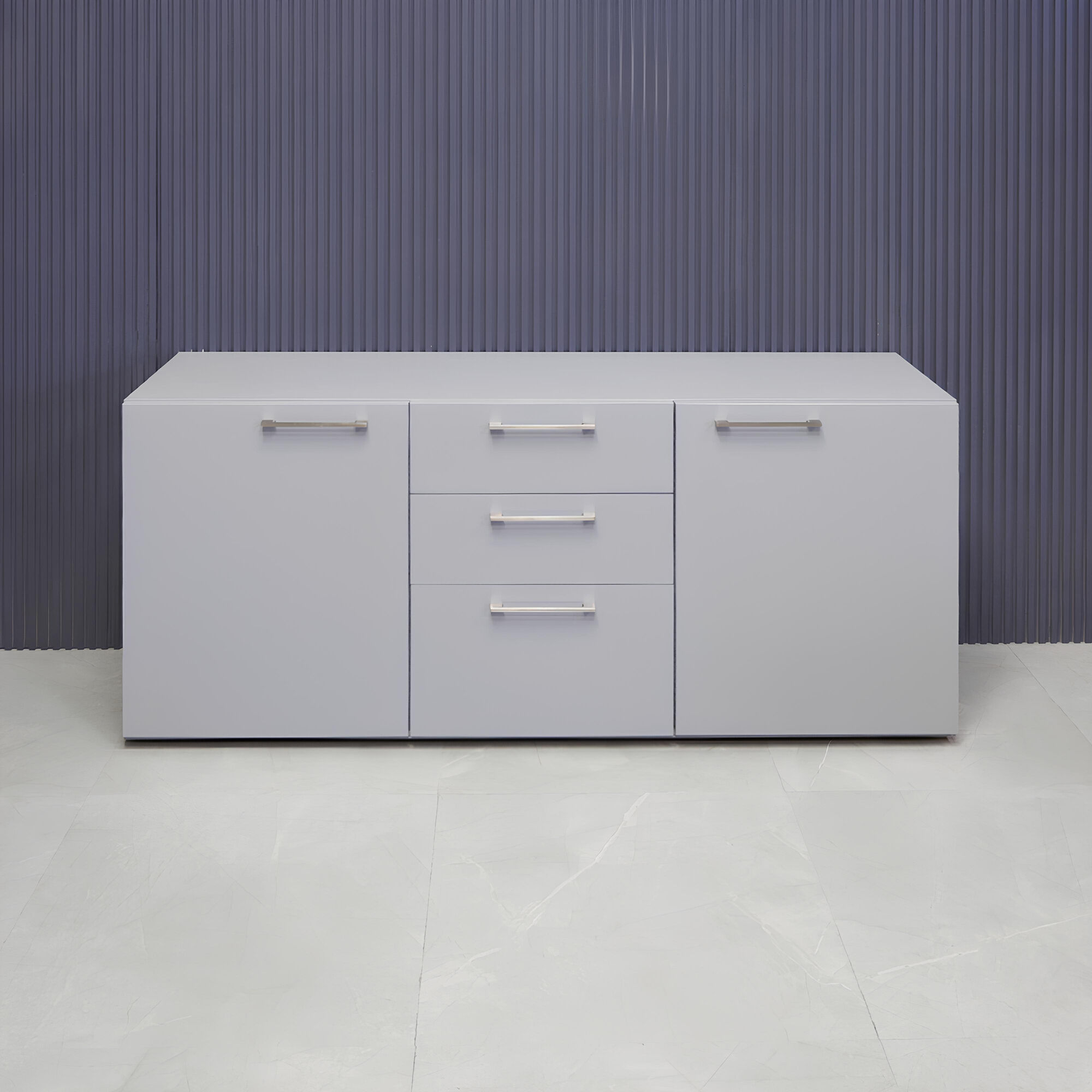 60-inch Naples Custom Storage Credenza in folkstone gray matte laminate credenza, and front drawers & doors.