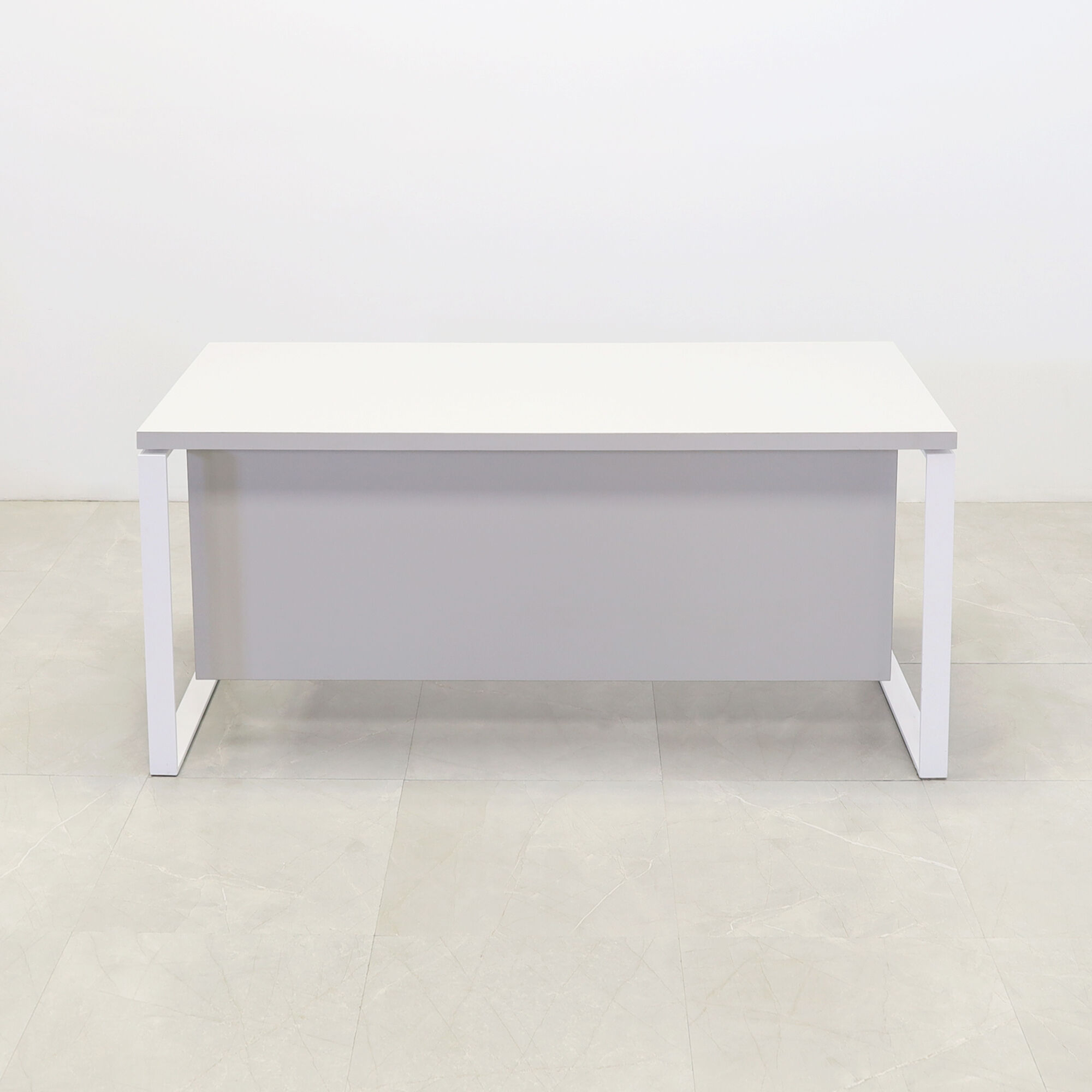 60-inch Aspen Straight Executive Desk with Laminate Top and privacy panel in folkstone gray matte laminate, and white metal legs.