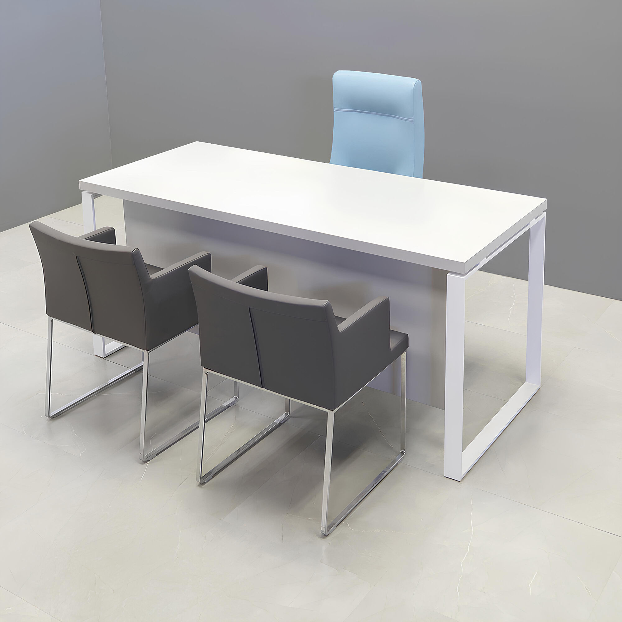 60-inch Aspen Straight Executive Desk with Laminate Top and privacy panel in folkstone gray matte laminate, and white metal legs.
