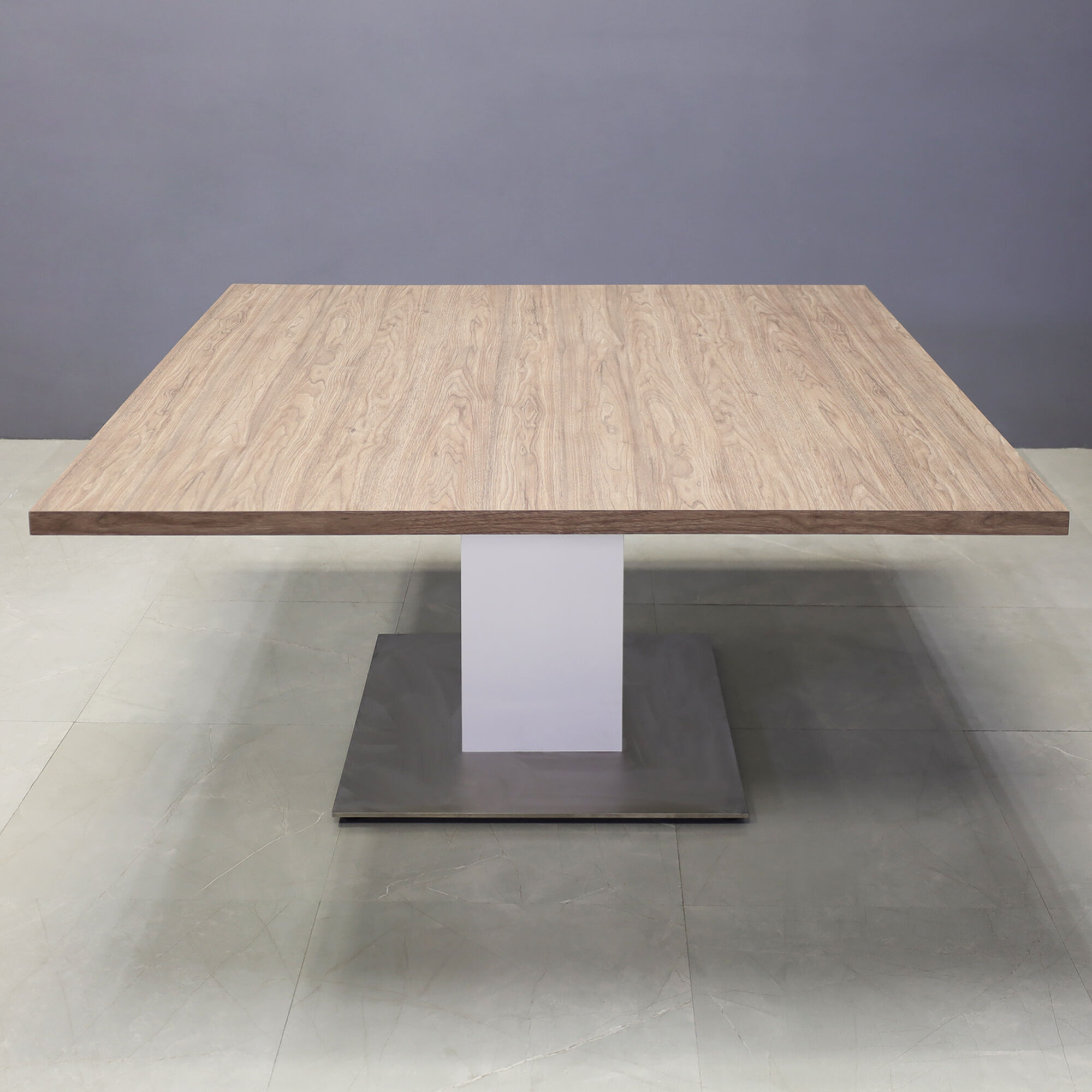 60-inch Newton Square Conference Table with X1 Base in hazel walnut matte laminate, dover off-white matte laminate pedestal, and silver metal powder-coated base.