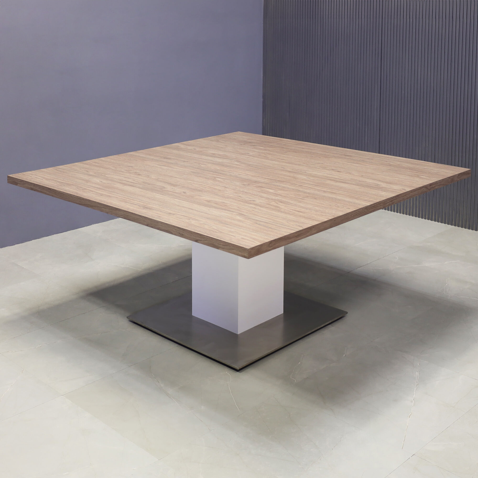 60-inch Newton Square Conference Table with X1 Base in hazel walnut matte laminate, dover off-white matte laminate pedestal, and silver metal powder-coated base.