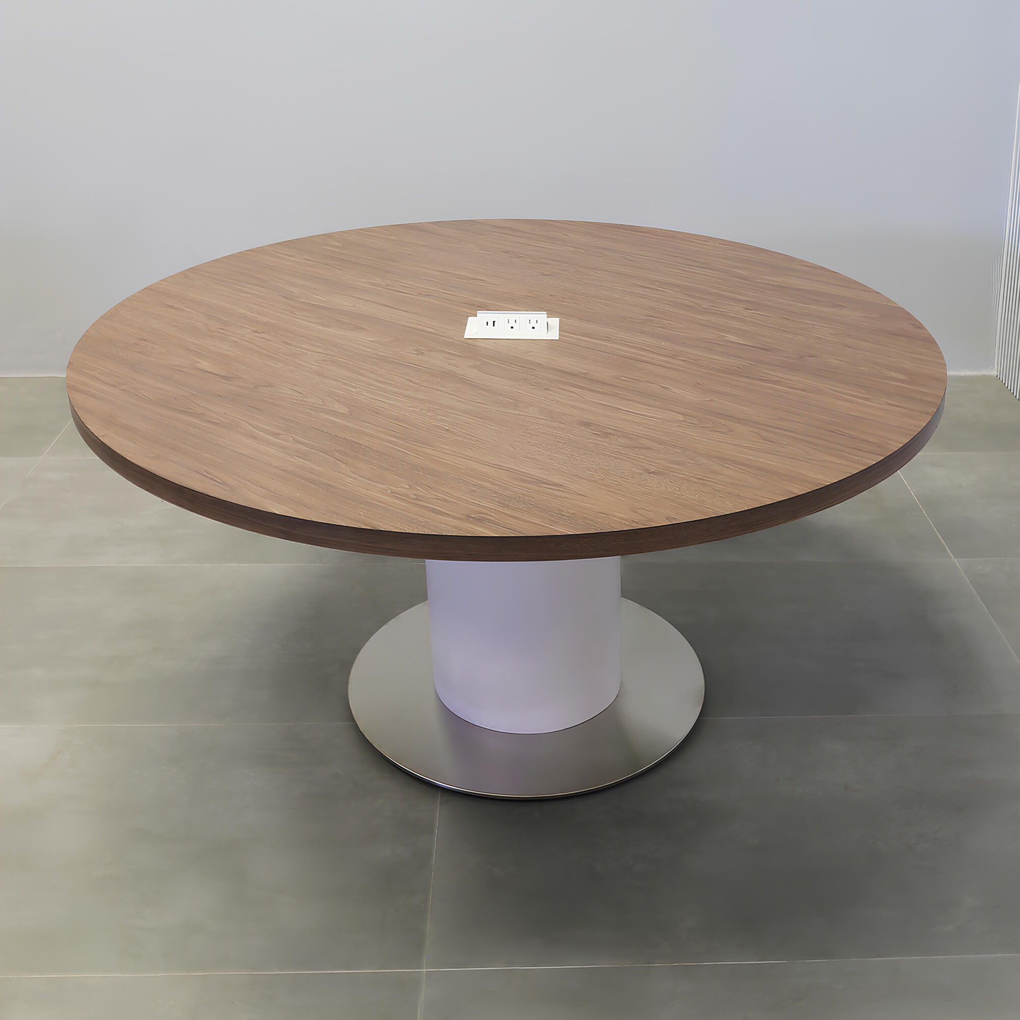 60-inch Newton Round  With Laminate Top With Laminate Top in hazel walnut matte laminate, white matte laminate pedestal, silver metal powder-coated base, and white MX2 power box.